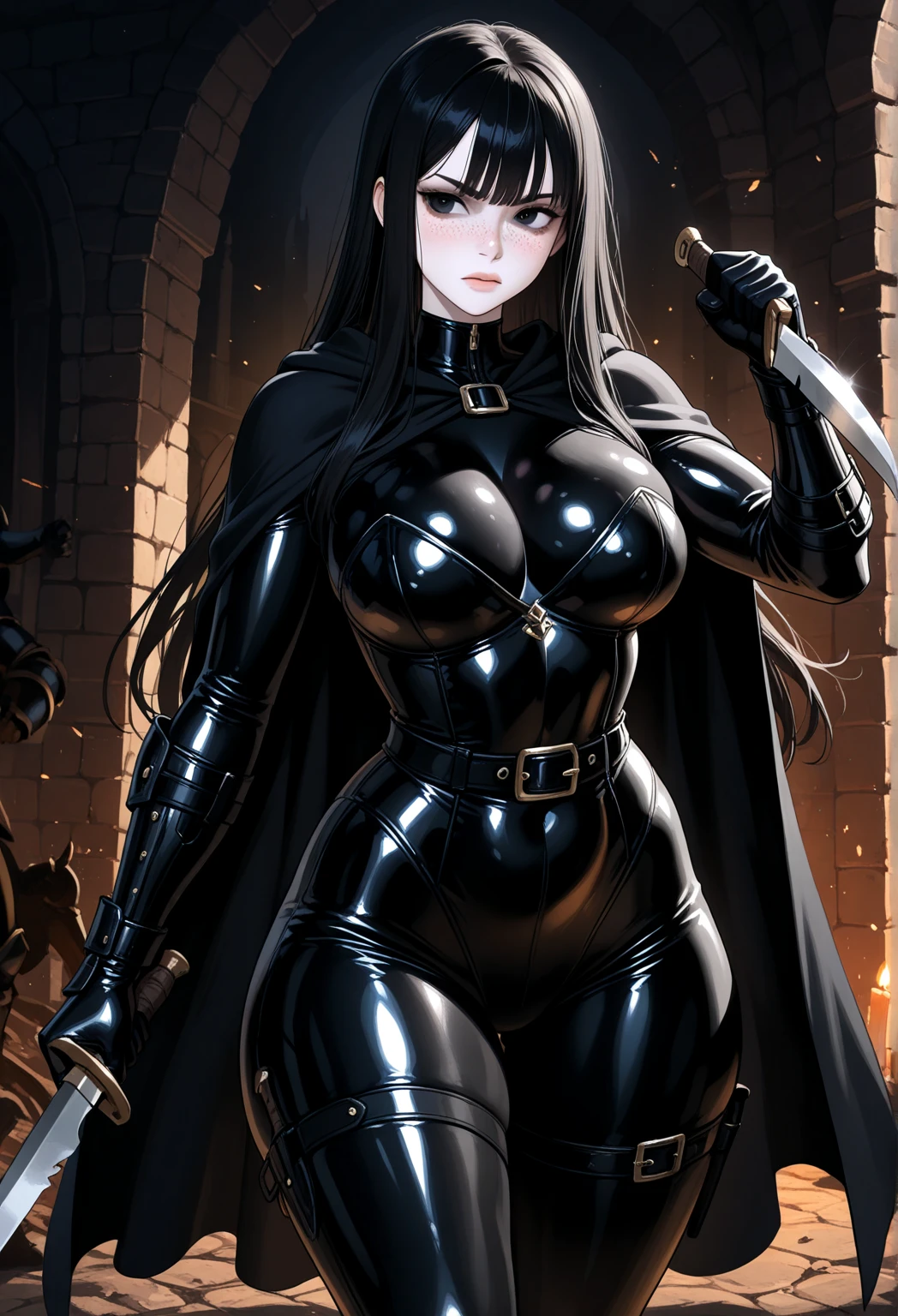 high quality, detailed image, Anime style, very rich and strict demon woman, high, stern face, long hair, lush breasts, demonic horns, in a tight costume of an aristocratic fencer with expensive jewelry but without a cloak or coat, without weapons, in leather boots, gloved, in tight trousers, wearing a beret, Without reservation, Without armor, stands on the training ground on the grounds of the demon king&#39;s castle, scary environment, evening, medieval fantasy