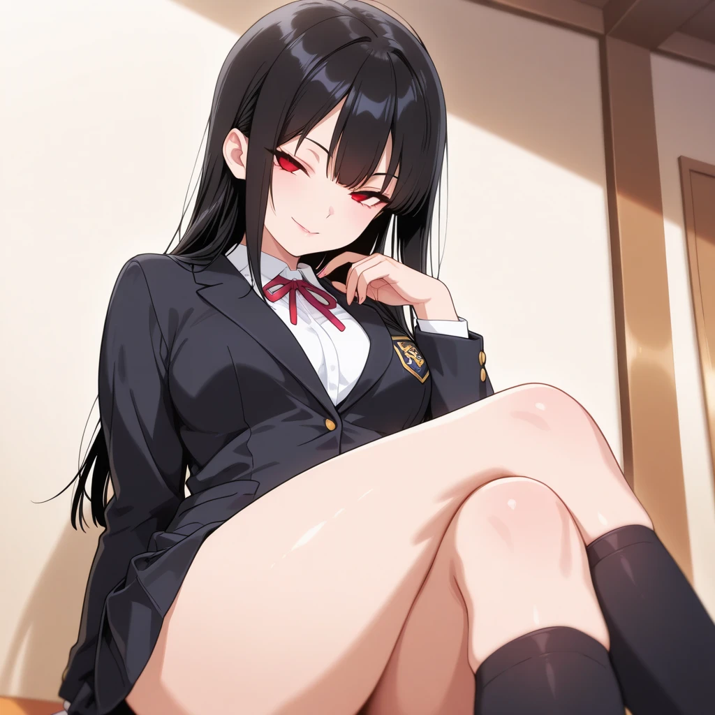 Close-cropped bangs, long sideburns, long straight black hair, female student, navy blazer, white shirt, red ribbon tie, checked miniskirt, Raise foot high , high-kick, shout