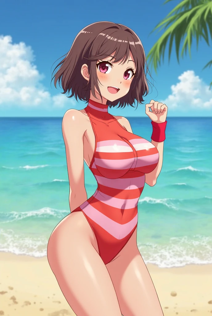 Realistic、Face reality、With a girl、Swimwear、Sexy smile、My breasts have gotten a little bigger、Sexy pose、From the front it looks like a one-piece, but from the back it looks like a mono bikini、
