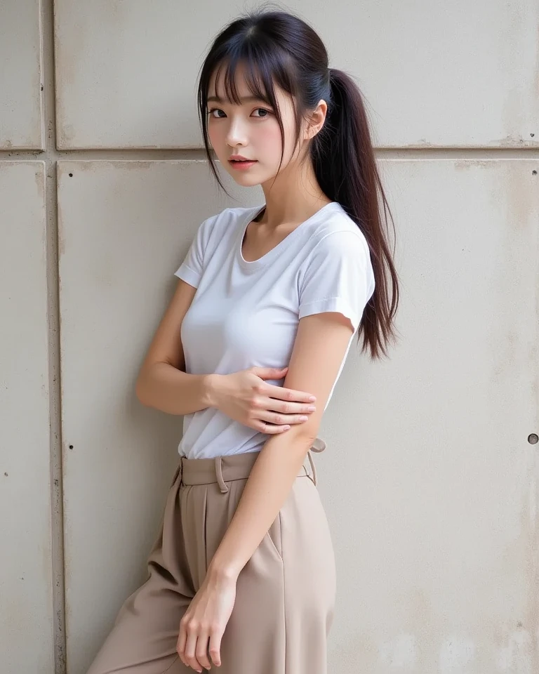 ((8K:1.27)、highest quality、masterpiece、超A high resolution:1.2)pictures of beautiful japanese women(fun:1.1) (white shirt:1.21) Designed by Greg Rutkowski and Alphonse Mucha Complex elegance、fantasy、detailed、geometry、gradient lighting、1 girl、delicate skin、looking at the viewer、brown eyes、(short hair with bangs:1.2)、(Medium chest:1.0)、(medium areola:0.8)、(realistic:1.4)、(highest quality:1.0)、(超A high resolution:1.0)、8K、RAW photo、(masterpiece:0.2)、(Pueros face_V1:0.5)、 white clothes、Tight dark grey tight skirt、Stick your big butt out、put your hand on the wall、backwards、angle from behind、office、Upper body low、You can clearly see the shape of your butt、