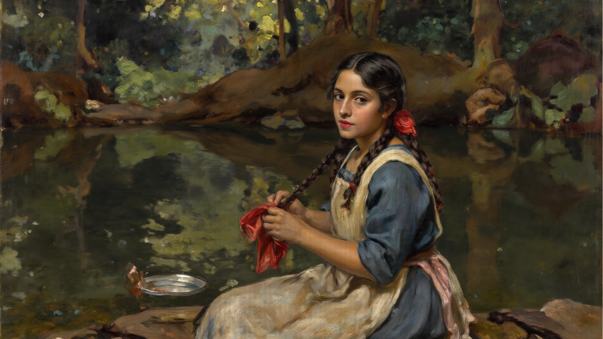 The portrait of a beautiful young peasant girl from the 14th century taking a bath while washing her clothes in the river. All with the style of Giovanni Belinni, an oil painting on panel.