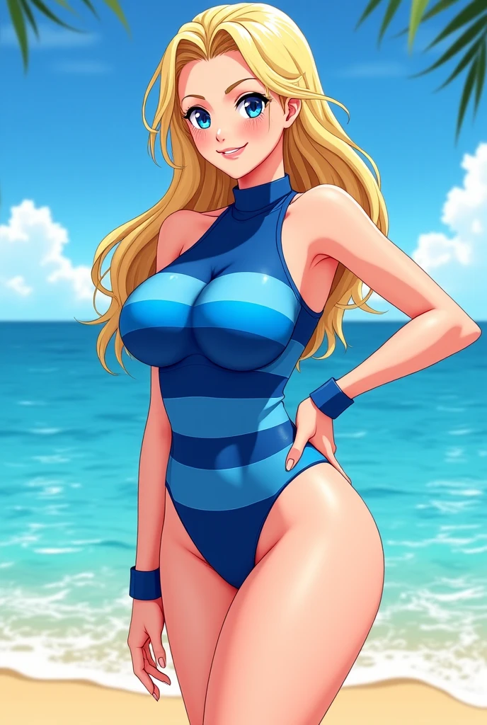 「Blonde woman、Blue one piece swimsuit、Large Breasts、picking up shells on the beach、Sea and sky in the background」