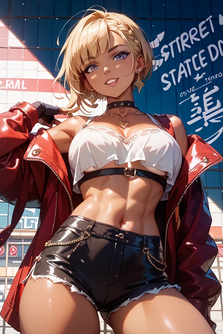 illustration, best quality,  ultra detailed, detailed illustration, dynamic angle, 1girl, sexy, short blonde hair, sunglasses, head scarf, medium breasts, black bikini top, short shorts, maroon leather jacket, standing straight, flirty smile