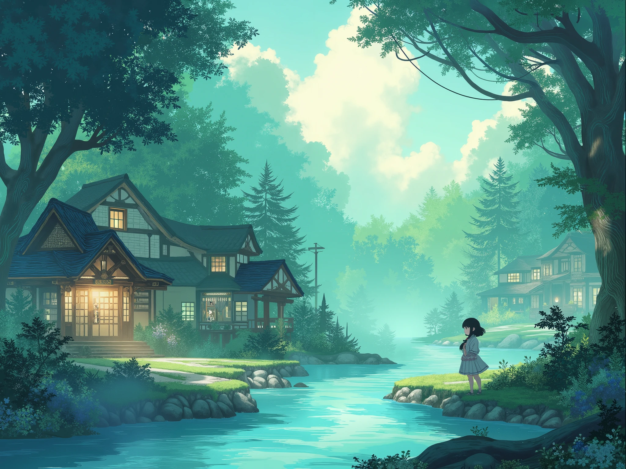 Anime manga , dreamland 、wide shot, hips, Above, cozy houses surrounded by greenery, a river, soft shining light, Japanese painting , magical aura .