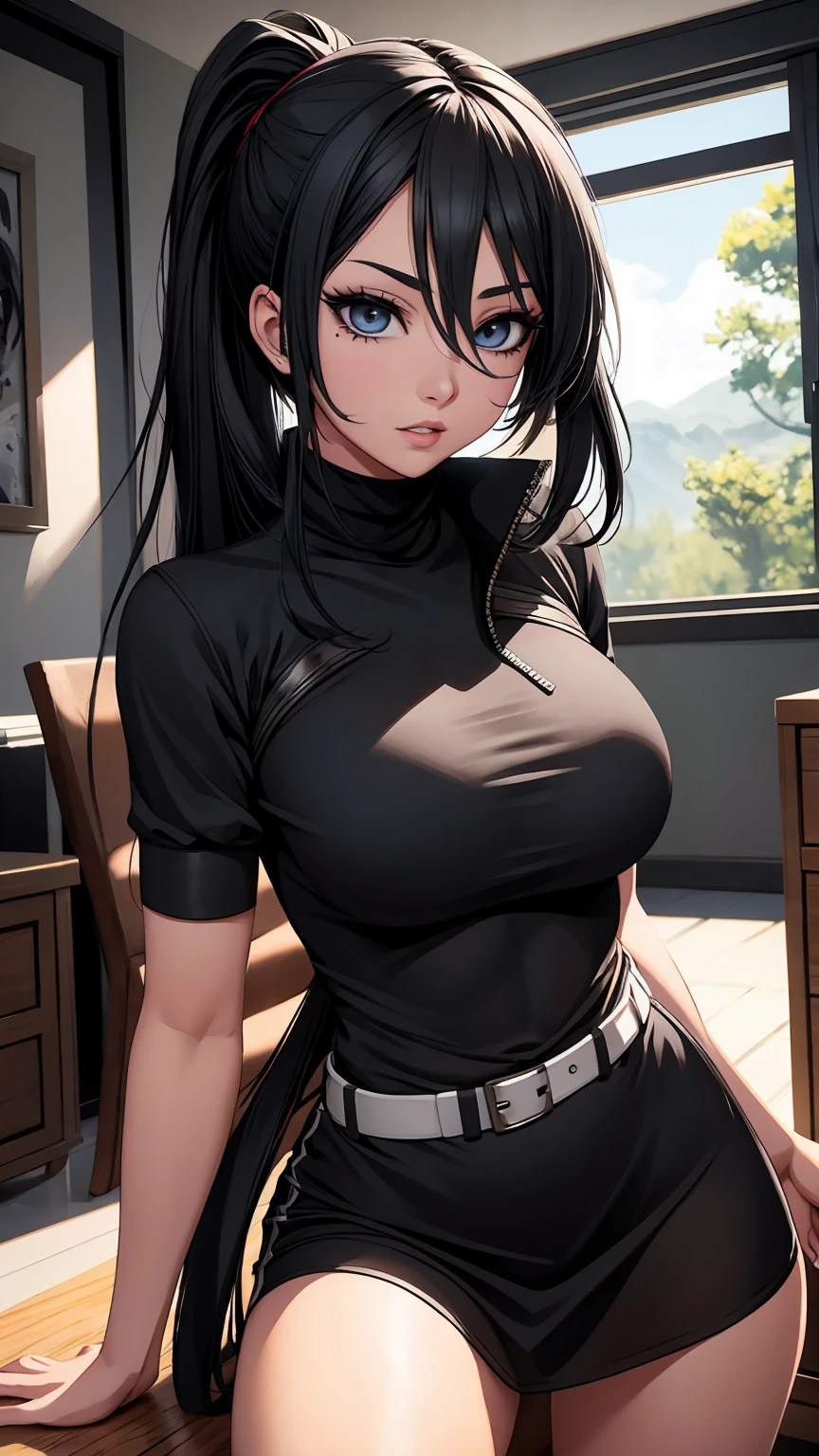 Masterpiece, high definition, high quality, detailed face, detailed body limb rendering, 1girl, solo, Hinata Hinata, Hinata sleeveless clothing, room,, sleeveless shirt, fishnet garment, dark lips, unzipped jacket, no bra, breasts out, standing, blush, , stockings, transparency