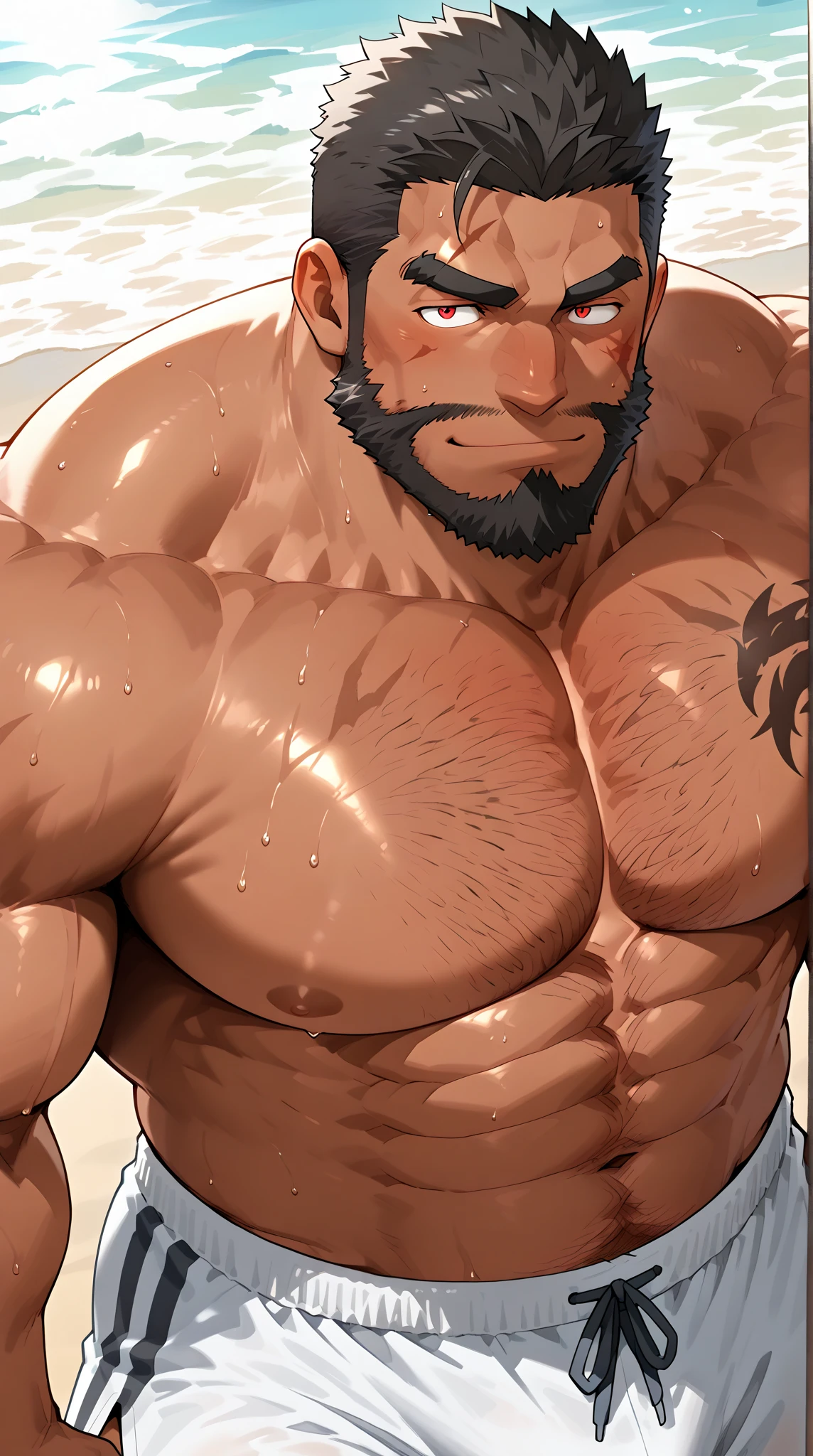 Youthful feeling,( Tattoo),(Thick body hair),Upper body,(He was wearing baggy shorts,Revealing his length, muscular, hairy),(Leaning against a tree),(For the audience) ,(Put his hands on his waist), (Focus on your audience) ,(There is a huge bulge in the area),sideways,Sharp eyes,(Thick dark brown hair),(Bottom-up view),Broad shoulders,Muscles protrude a lot,Highest image quality,cartoon ,Anime Wallpaper,Chest muscle expansion,spread your legs,Sexy,(main part, best quality),((Exaggerated muscle bulge)),The protagonist is tall,muscular and bulky, muscular characters, Awesome and cool, tall and muscular, muscular!!, Very strong, muscular attractive men, Huge muscles, Big Muscle, Muscle Man, Anime handsome man, muscular!, Giant muscles, muscular bodies,(canto da foto de baixo para cima) (imagem da mais alta qualidade) ,Close-up photos,Lion man ,real, jovem, , vestindo shorts, virilha saliente, imagem de anime, Leaning against a tree, pernas bem abertas, male face, bonito rosto jovem, cabelo subcortado, huge muscle muscles of the chest, large strong thigh muscles, Biceps Sinewy muscles, Corpo enorme, corpo tonificado devido ao treinamento intenso, Well-developed muscles, ABS transparente de 8 embalagens, 3 metros de altura, topless, , pele brilhante, rede de suor pingando, (hands on thighs), bare feet, Sem barba,Thick Legs,