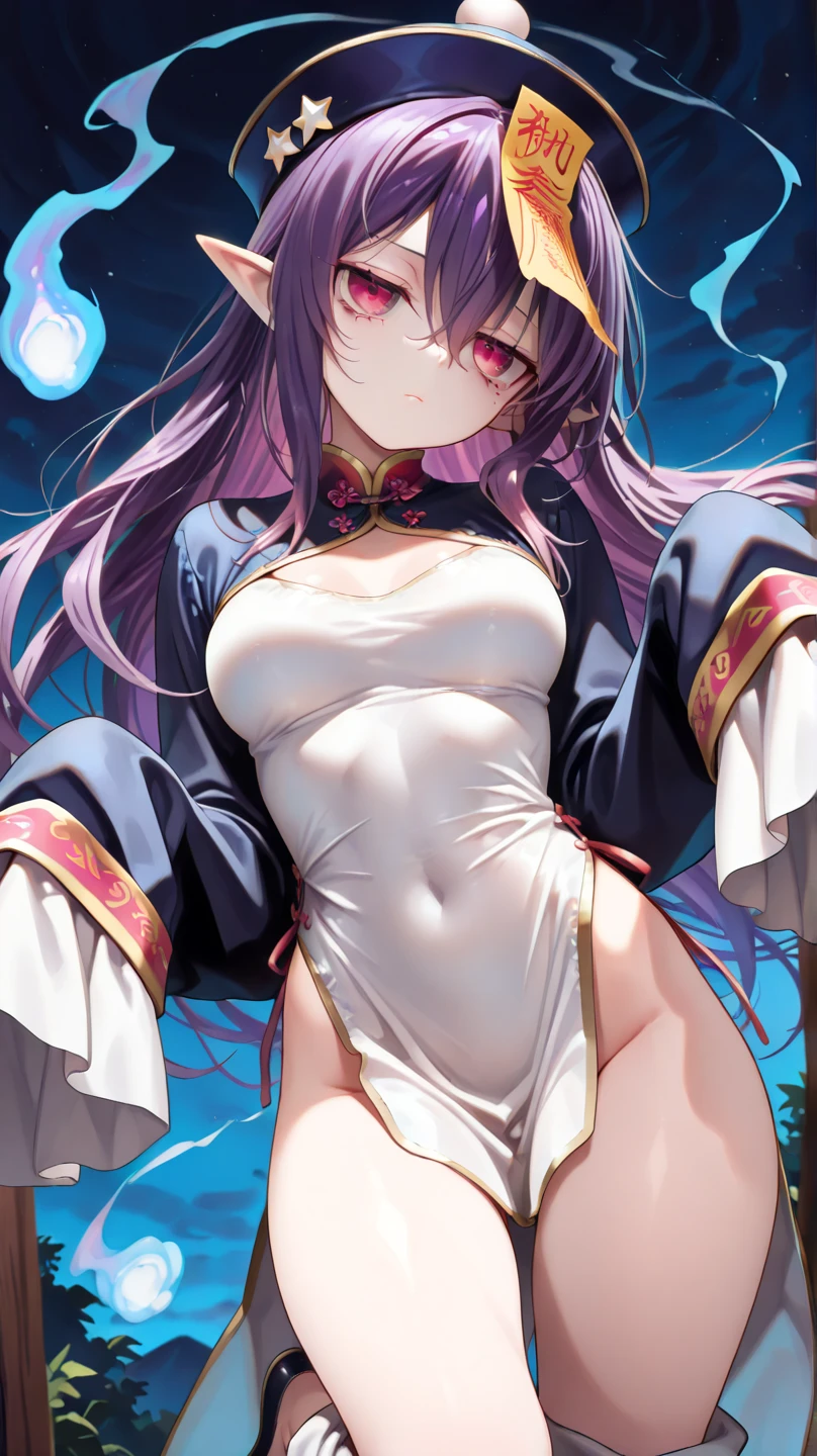 (Highest quality), (masterpiece),Black Hair, Purple Eyes, Purple kimono, Exposing shoulders, ,Fair skin, Long Hair, Long Bangs,  Small breasts, Confused eyes, snow, sexy, Cemetery, Cross Grave, jitome, evil grin smile, indian style, half closed eyes, Off Shoulder, ass pov, pale skin, flat chest, wavy hair