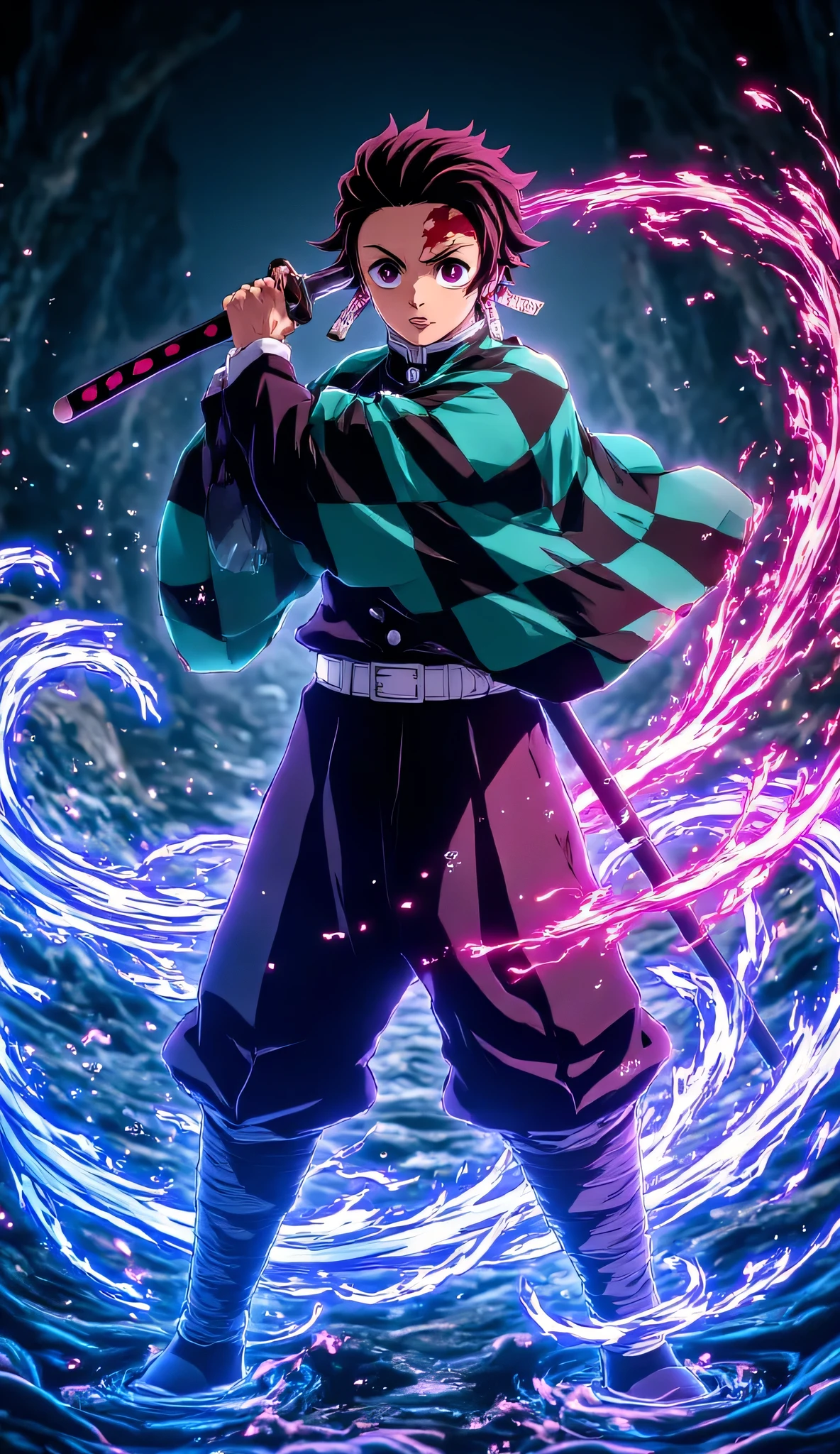 "Demon Slayer Tanjiro standing heroically, katana drawn with water breathing technique swirling around him, multicolored neon energy aura, vibrant blue, cyan, and pink electric sparks surrounding his body, glowing scar on forehead, determined expression, traditional Demon Slayer uniform, highly muscular and defined physique, water waves glowing with energy at his feet, cinematic lighting, hyper detailed glowing effects, ultra realistic anime style, 8K resolution, dark moody background, dynamic energy particles, high contrast light reflections" 