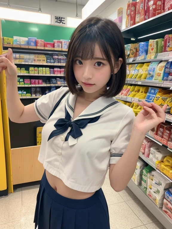 top-quality、masterpiece、超A high resolution、(Photorealsitic:1.4)、1girl in、Convenience store uniform、enticing、looking in camera、(((shorth hair)))、(((Large ribbon)))、((Ribbon like a butterfly))、Inside a convenience store