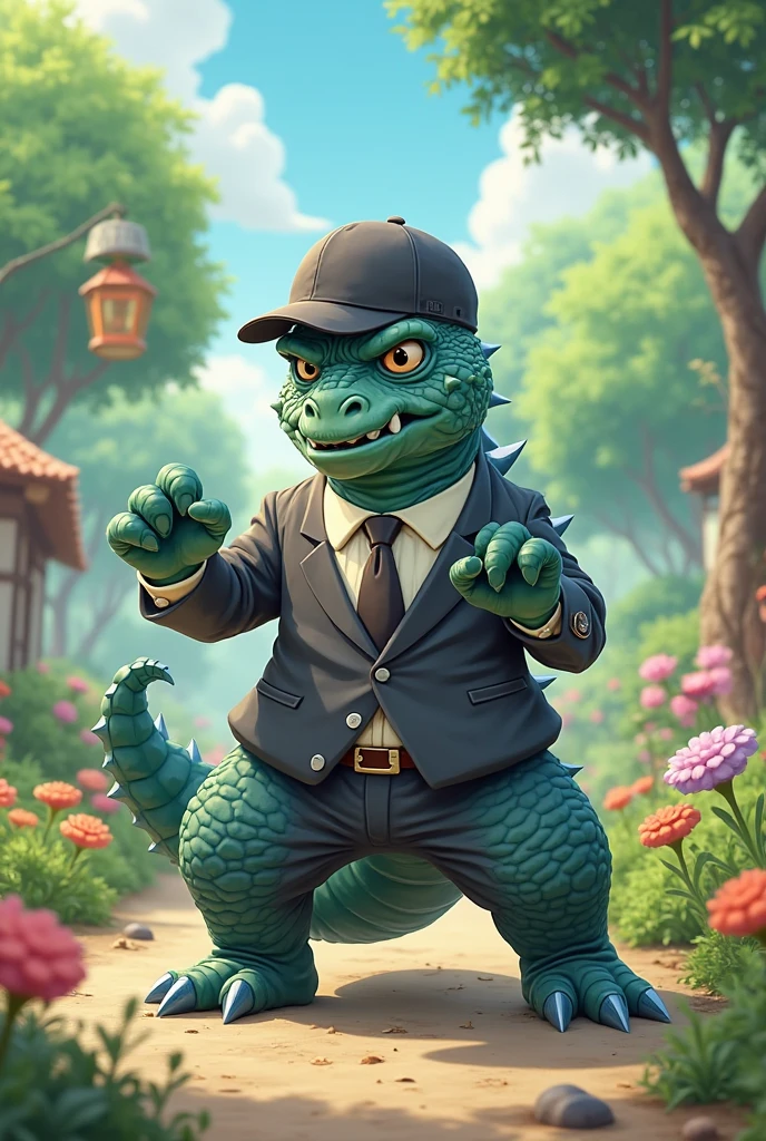 Young man with oriental face in leather hat, dragon, formal suit, short black hair, silver glasses, digital painting, 3D character design by Mark Clairedon and Pixar and Hayao Miyazaki and Akira Toriyama, the illustration is a high-definition illustration in 4K resolution with very detailed facial features and cartoon-style visuals.