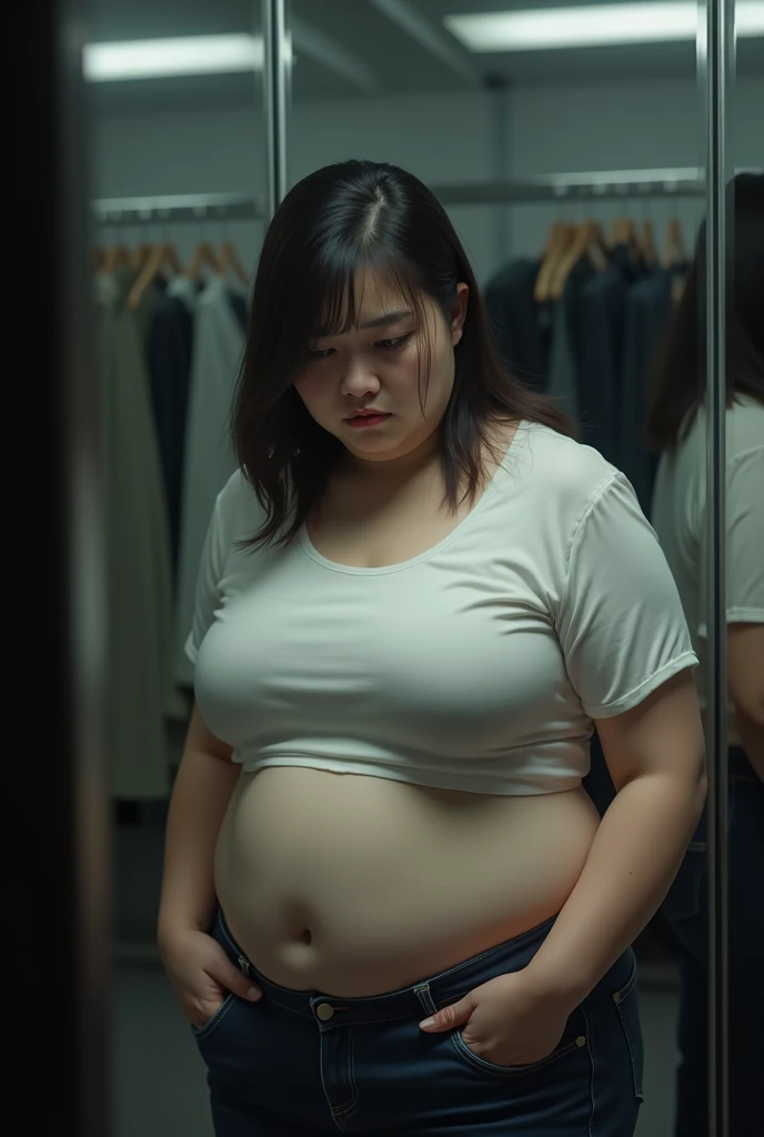 japanese mature woman、 analog film photo, (Create a realistic and photorealistic photo image)、40 years old、whole body、Plump、underwear, Dark room、The light only hits your face、blur, tint, depth