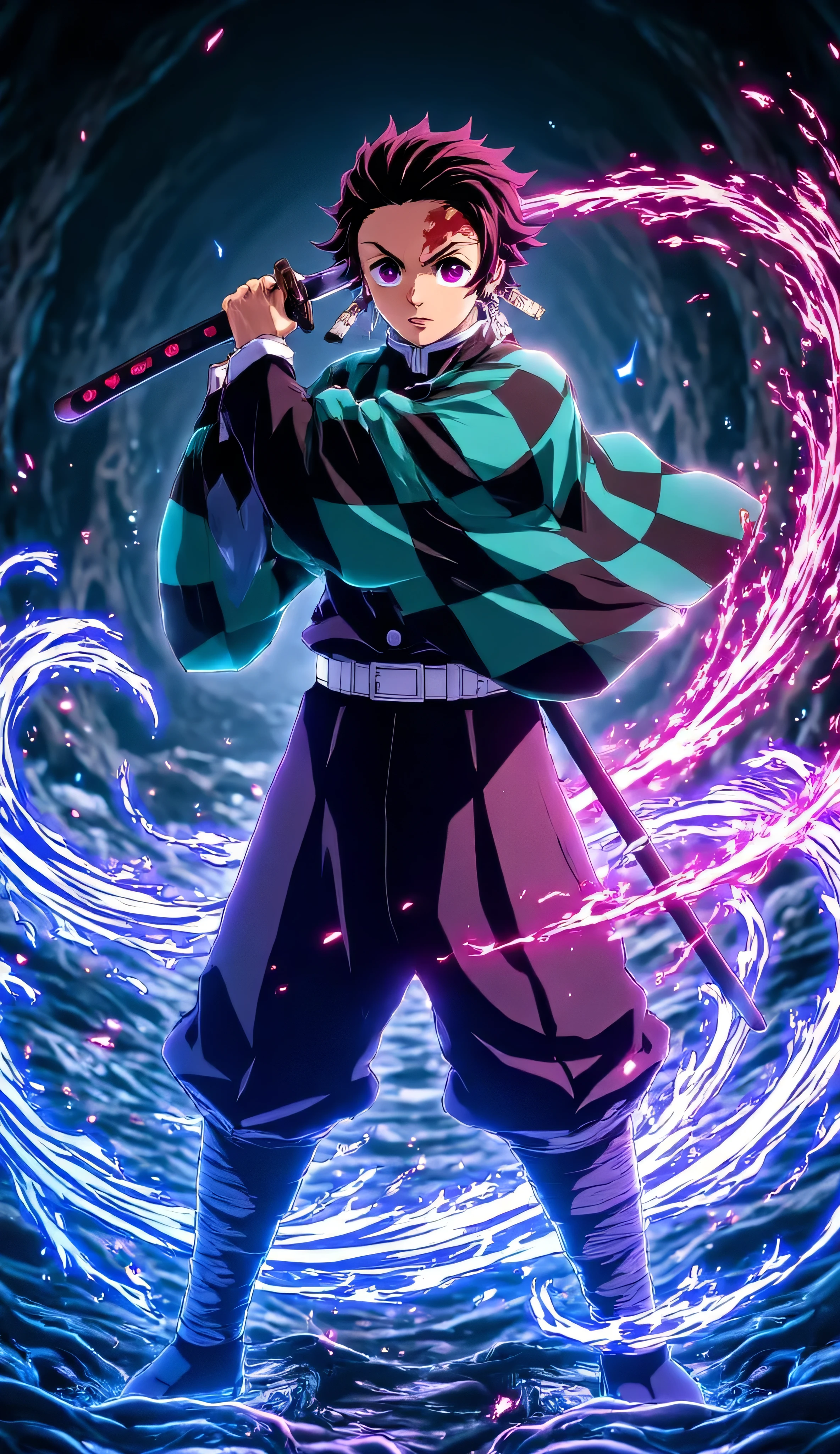 "Demon Slayer Tanjiro standing heroically, katana drawn with water breathing technique swirling around him, multicolored neon energy aura, vibrant blue, cyan, and pink electric sparks surrounding his body, glowing scar on forehead, determined expression, traditional Demon Slayer uniform, highly muscular and defined physique, water waves glowing with energy at his feet, cinematic lighting, hyper detailed glowing effects, ultra realistic anime style, 8K resolution, dark moody background, dynamic energy particles, high contrast light reflections" 