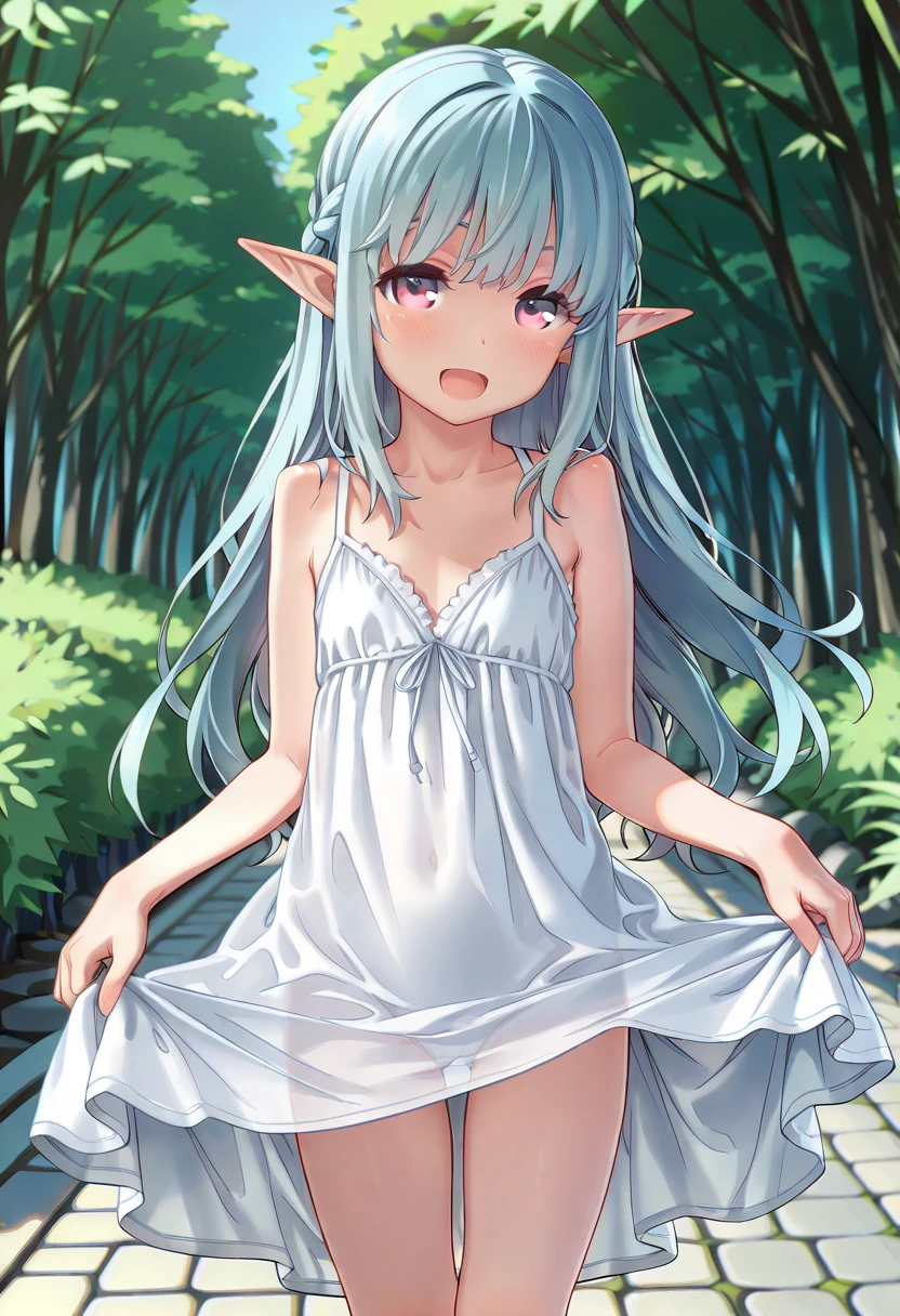 Elf beauty、squat、(Embarrassed and blushing:1.1)、Garden in the forest from the side、naked、Flat chest、vagina