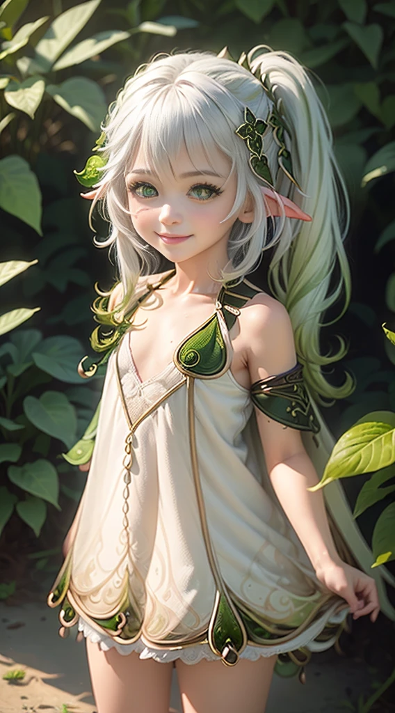 ((adult body)) ((aged up)) ((medium breasts)), medium height masterpiece,intricate details,best quality, nahida_genshin, default_dress, pleated skirt, detailed eyes, ((cross-shaped pupils)) 1girl, from front, white hair,sunlight,smile,glow green particles,outdoors,sunshine,grass,grassland,field of depth, standing, full body, tall stature,