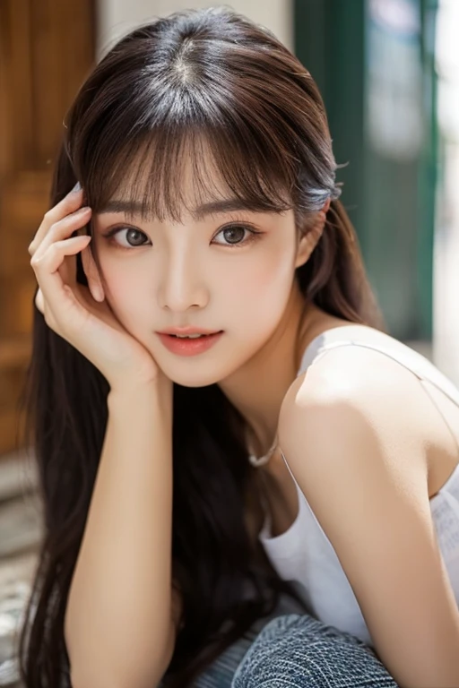 On the table, best quality, shape, Ultra Detailed, Finely, high resolution, 8k wallpaper, 完璧なダイナミックな構shape, Beautiful and delicate eyes, Medium Length Hair, Small Breasts, Natural lipstick, Casual sexy pose,Smile,20 year old girl、midnight、Beautiful and detailed face、Perfect beautiful face,big eyes、original photo、Expressing female posture using the whole body、Beautiful and delicate eyes、Small face、Beautiful duplex、Facelift and style,skirt、Beautiful golden ratio face,Long hair