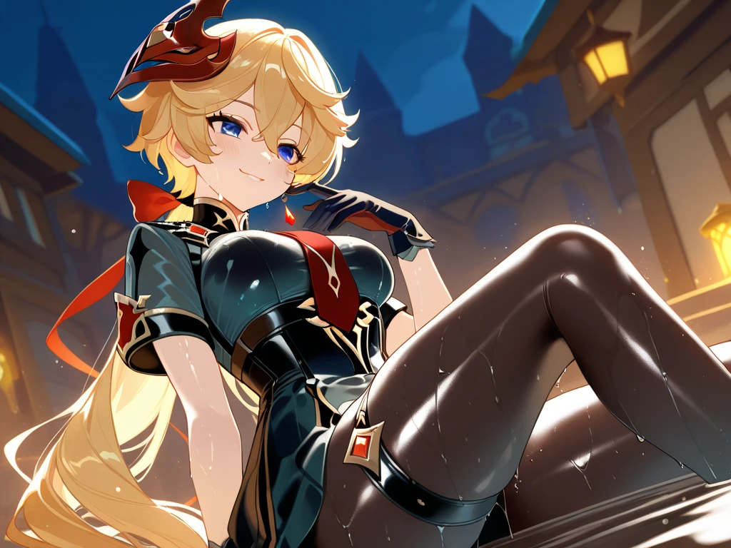 Huge Busty Blonde Red Eyed Banshee Silk Long Legs High Heels,very small corset,My tall figure ruins my clothes,huge plumpness,a little bit chubby,Hers is too big,So much so that her tights burst out..!