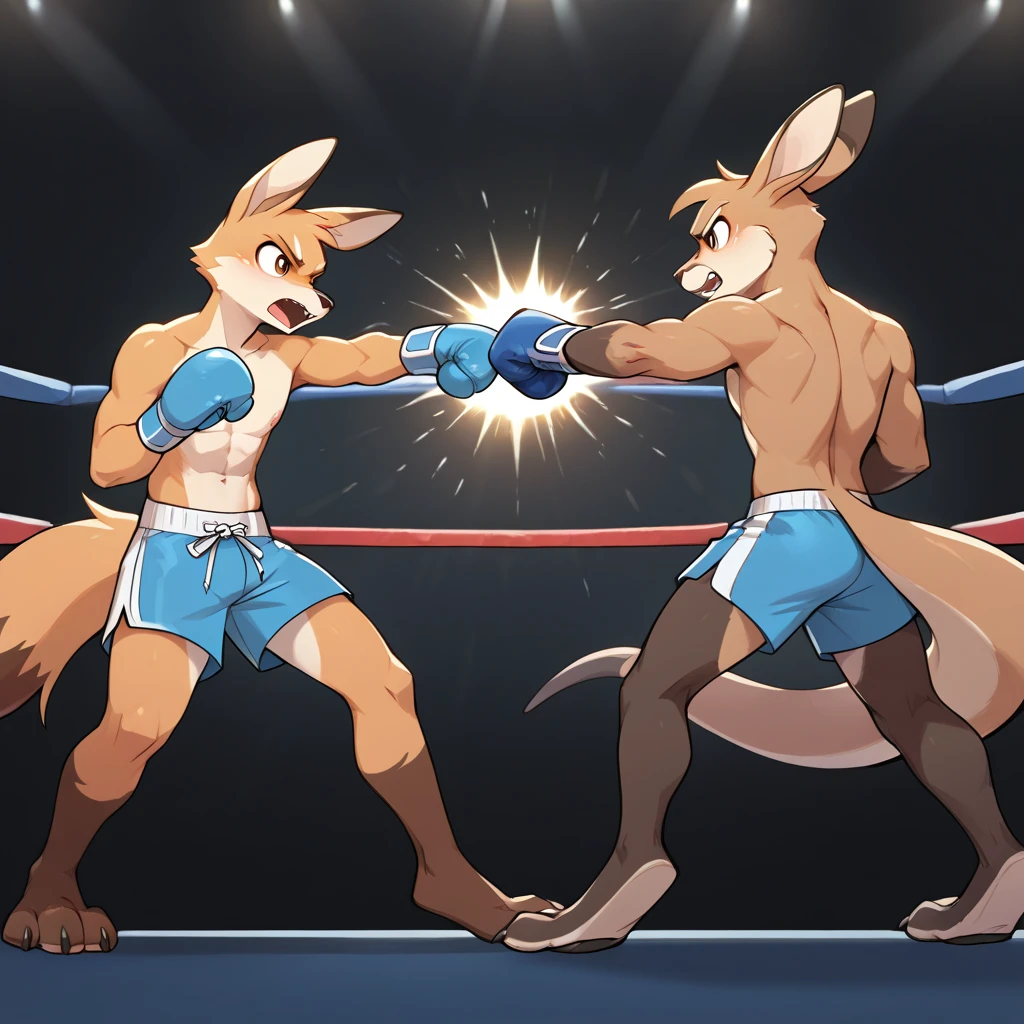 2 adult kangaroos wearing thick diapers sparring