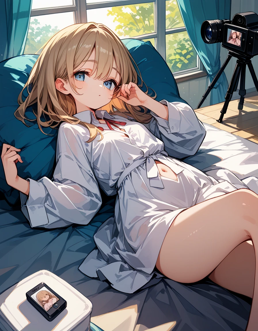 gonzarez, masterpiece, Serenaj, 1girl, solo, blue eyes, blonde hair, short hair , night pajama