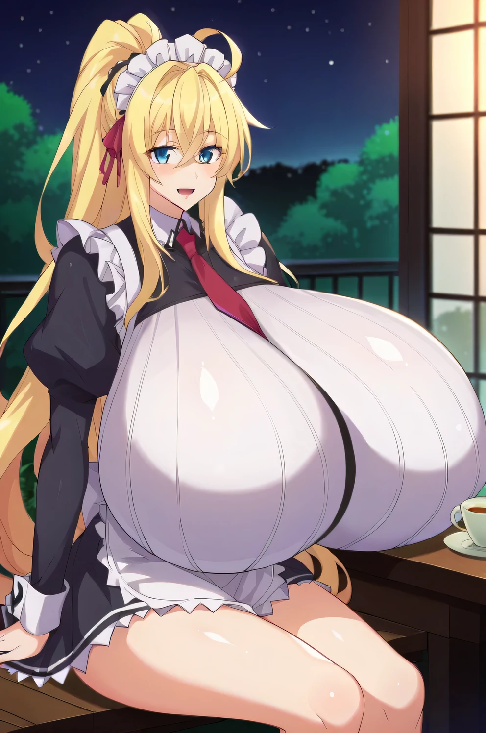 Prompt: score_9, score_8_up, score_7_up, source_anime BREAK 1girl,shiny skin, huge breasts, wide hips, thick thighs ,anime coloring ,source_anime, anime, anime screencap, ahoge, long ahoge, ,((gigantic breasts)),gigantic breasts,night, ,tall, detailed_eyes,nagi su ragarl, masou shizuka, 2girls, multiple girls, blonde hair, green hair, maid, breasts, long hair, apron, maid headdress, large breasts, open mouth, ponytail, blush, blue eyes, looking at viewer, very long hair, maid apron, smile, long sleeves, dress, sitting, necktie, cafe, puffy sleeves, alternate costume, , juliet sleeves, red necktie