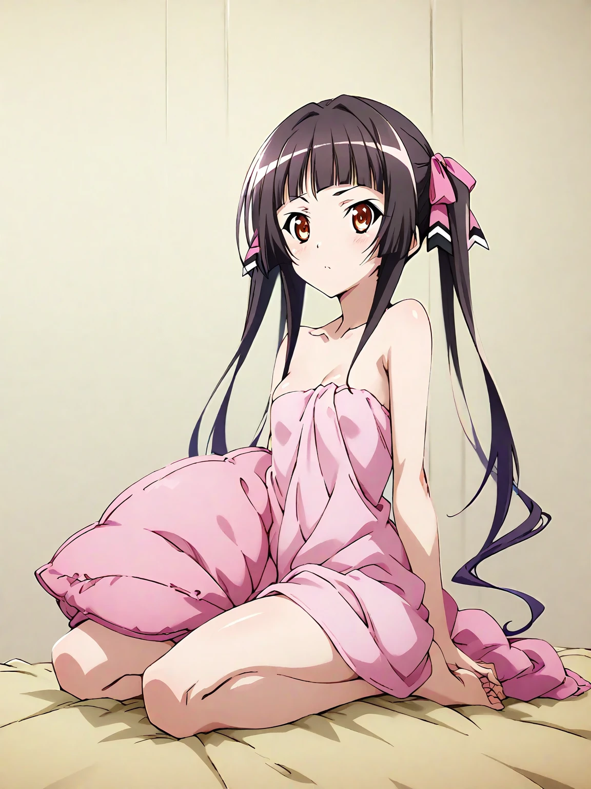 (masterpiece, best quality:1.2), 1girl, himenokouji akiko, purple eyes, black hair, long hair, hair bell, hair ribbon, pajamas, close up <lora:himenokouji_akiko:0.9>