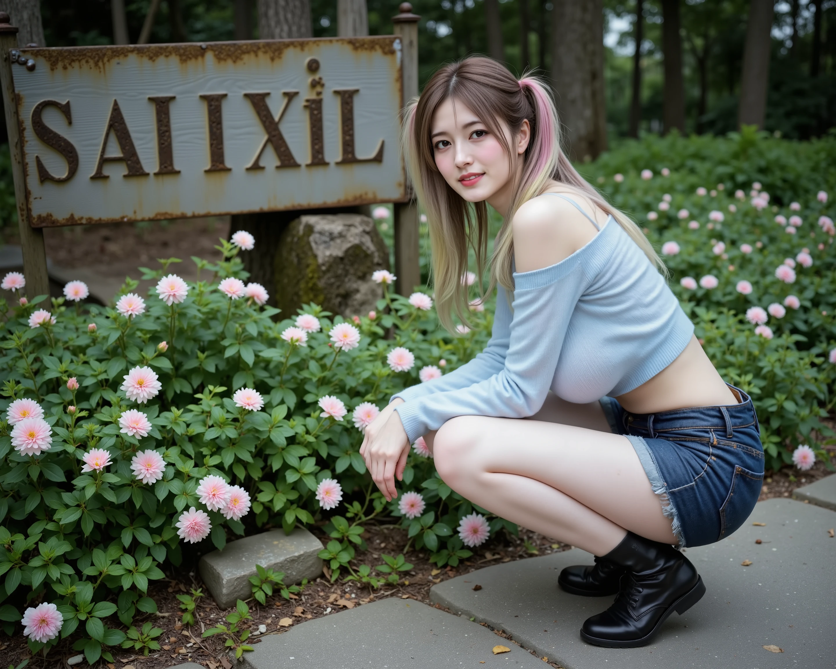 1 girl, ((long dark-grey hair mixed with yellow and white and pink hair on shoulder)), RAW photo, (highest quality),high resolution, Ultra detailed, Best quality, (photorealistic: 1.2), (realistic skin texture: 1.5), young female,(fullbody shot,long legs, high wearlegs,), ((slender,slim,skinny)) tilt head ,(large breasts:1.8), sultry expression, (seductive smile),
A beautiful young woman in a natural environment full of plants and light pink flowers, which looks like a garden or forest with a refreshing atmosphere. Behind her is an old wooden sign that is rusty and covered with moss, which has the letters "AILIXIA" on it. The condition of the sign indicates its old age and neglect. The sky looks a little dark, but the light still shines through the green trees softly.
Top: She wears a short-sleeved light blue crop top, the fabric looks like a knit or light cotton. The short top reveals her waist and abdomen, giving a modern and casual look that is suitable for the weather that may be warm. Pants: She wears dark blue denim shorts with slightly ripped edges. This design adds a casual feel and goes well with street style or natural looks.
Shoes: She wears short black boots that reach the ankle. The design is simple but strong, which may help protect her feet in the environment full of plants and rocks.
Hair: Her long black hair is tied into two high ponytails (pigtails), which adds a cute and youthful look to the overall look.
Pose: She is squatting in a relaxed and natural pose, both hands resting on the stone floor or the edge of the cement for support. The head is tilted slightly and the face has a slight smile on it, with the eyes looking to the side or at the camera. This pose gives off a friendly and approachable vibe. She looks like she’s enjoying being in nature.
Flora: She’s surrounded by soft pink flowers and green leaves, which look like wild roses or groundcovers with pale flowers. The image has a beautiful bokeh.