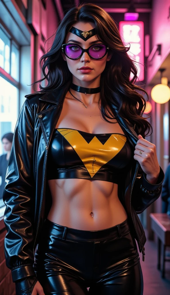 Slim young woman, full body, low legs, Legacy apartment, T-shirt, cleavage, navel showing, crotch showing, (wrinkles on leggins remarking the shape), crystal blue eyes, red hair , daylight, ((black spandex)) , yellow leather cloak,black latex costume and yellow boots high heels