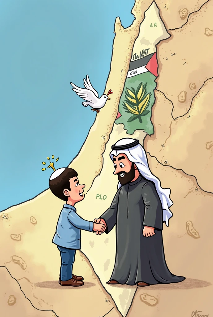 Act like a tenth grade student and make a drawing about what is currently happening in Palestine with Israel and make it creative so that it conveys an idea and make it cartoonish so that it is simpler. 