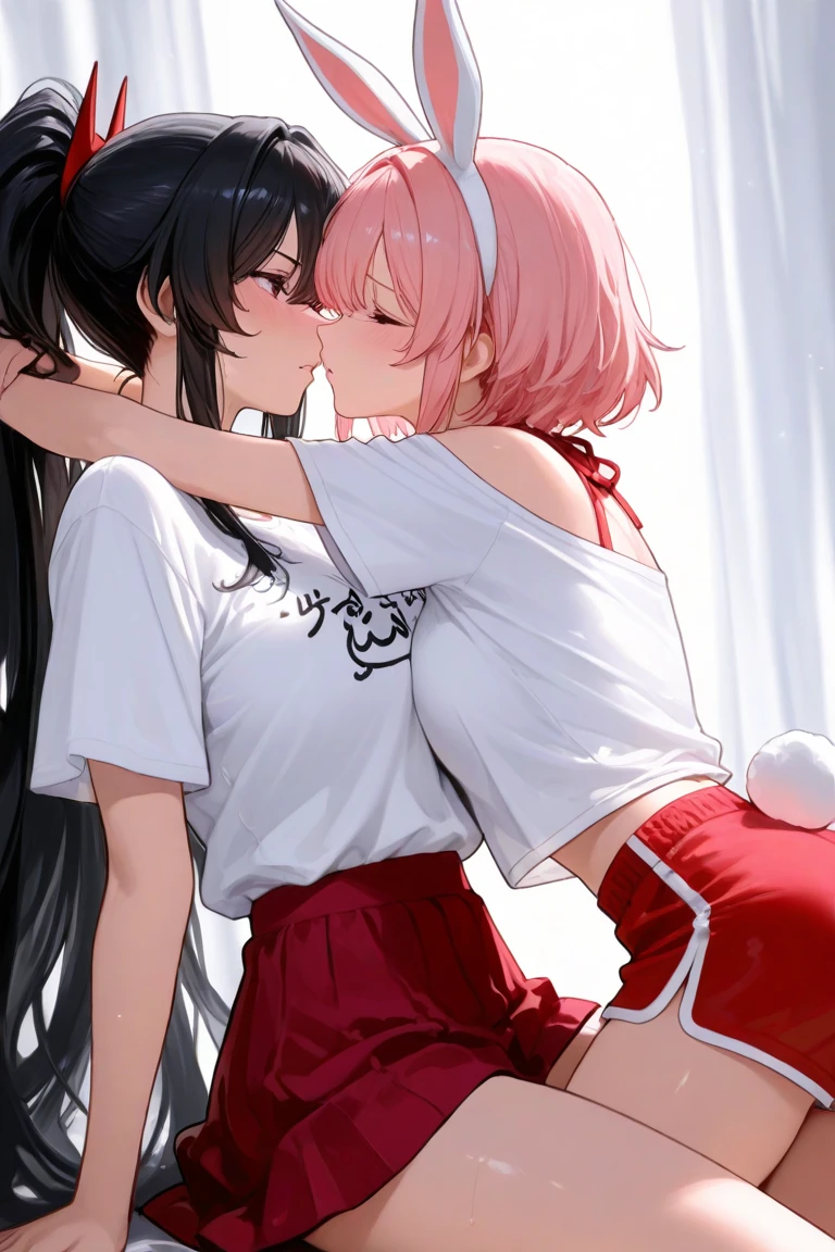 , short pink hair, small breasts, and big ass, kissing a little white boy, short black hair, big breasts, and small ass, children's room background