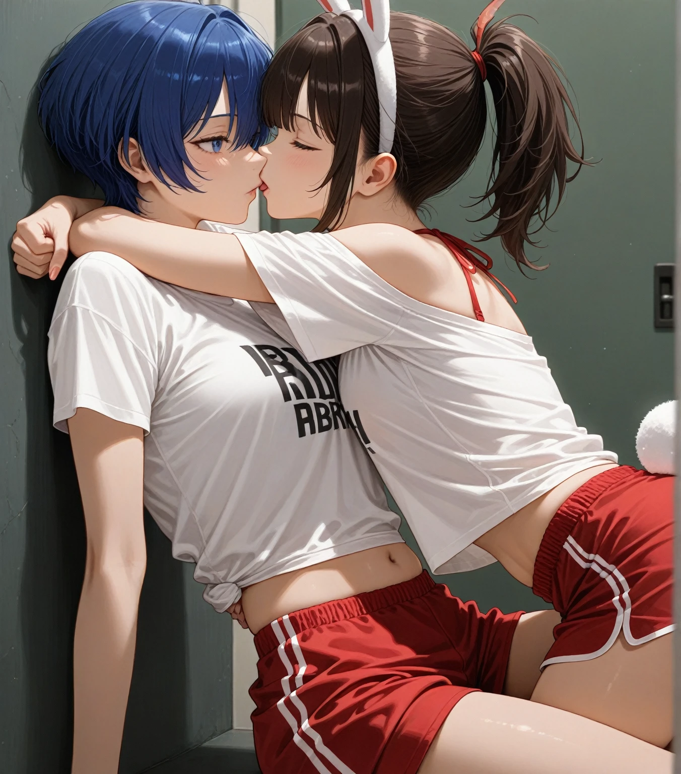 Two women kissing and lying in bed wearing Adidas Baggy pants, multicolored hair, multicolored eyes, Anatomy correct, accurate, super detail, best quality, textured skin, correct retina, Eye correction, realistic kiss, full body, Anime style