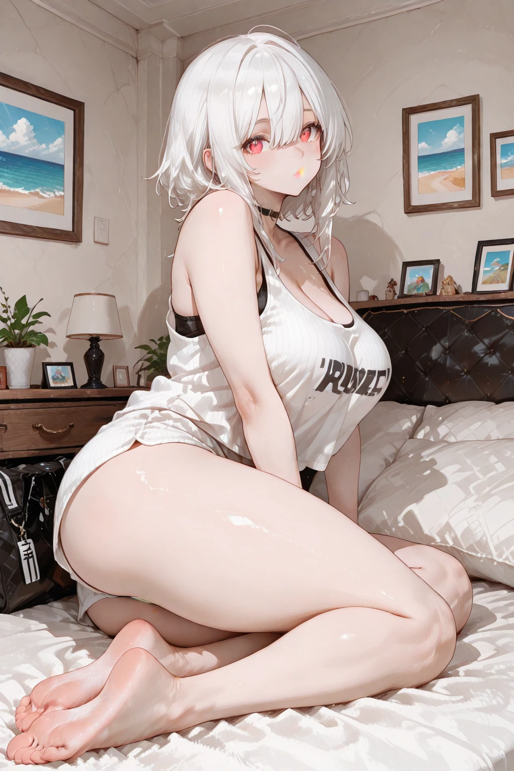 Adult female, solo, full body, blushing, shy, cow print bikini, bed, belly button, thighs, underbust, white hair, blue eyes, medium straight hair, medium bust, (best quality, 4k, 8k, high resolution, masterpiece:1.2), studio lighting, ultra fine painting, sharp focus, physically based rendering, highly detailed, professional, vibrant colors, bokeh, portrait