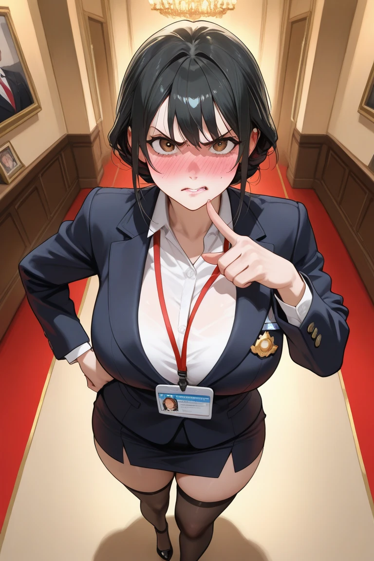 An illustration featuring a plus-size young woman standing confidently before a large audience during a business presentation. She wears a professional suit and tie ensemble, adorned with a statement necklace and matching earrings. Her hair is styled neatly, pulled back into a sleek updo, revealing her round cheeks and plump lips. With one arm raised, she gestures towards a projector screen behind her, where a slide displaying financial data is displayed. The room is filled with rows of seated individuals, all looking attentively towards the speaker