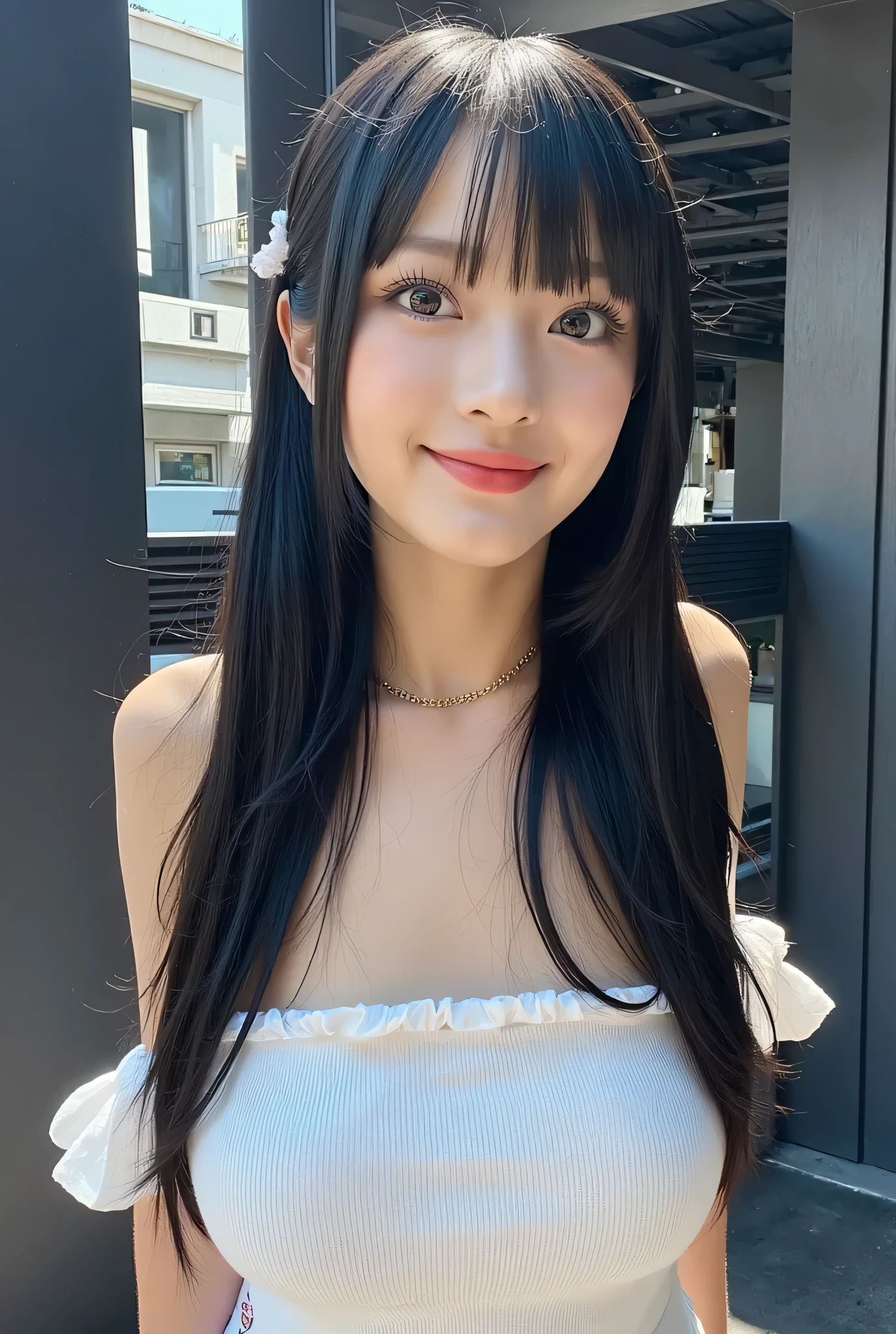{{}},{High precision in selection},{{{{chestの上の顔の写真}}}},{{one high school girl :Smile Yan:chest:Nipples}}、{Smile:big double eyelids:mascara: teardrop bags:long lashes:1.8}}、{{透けて見える白いタンクトップ-Nipples:1.8}},{straight hair::Princess Cut:ponytail:1.8}