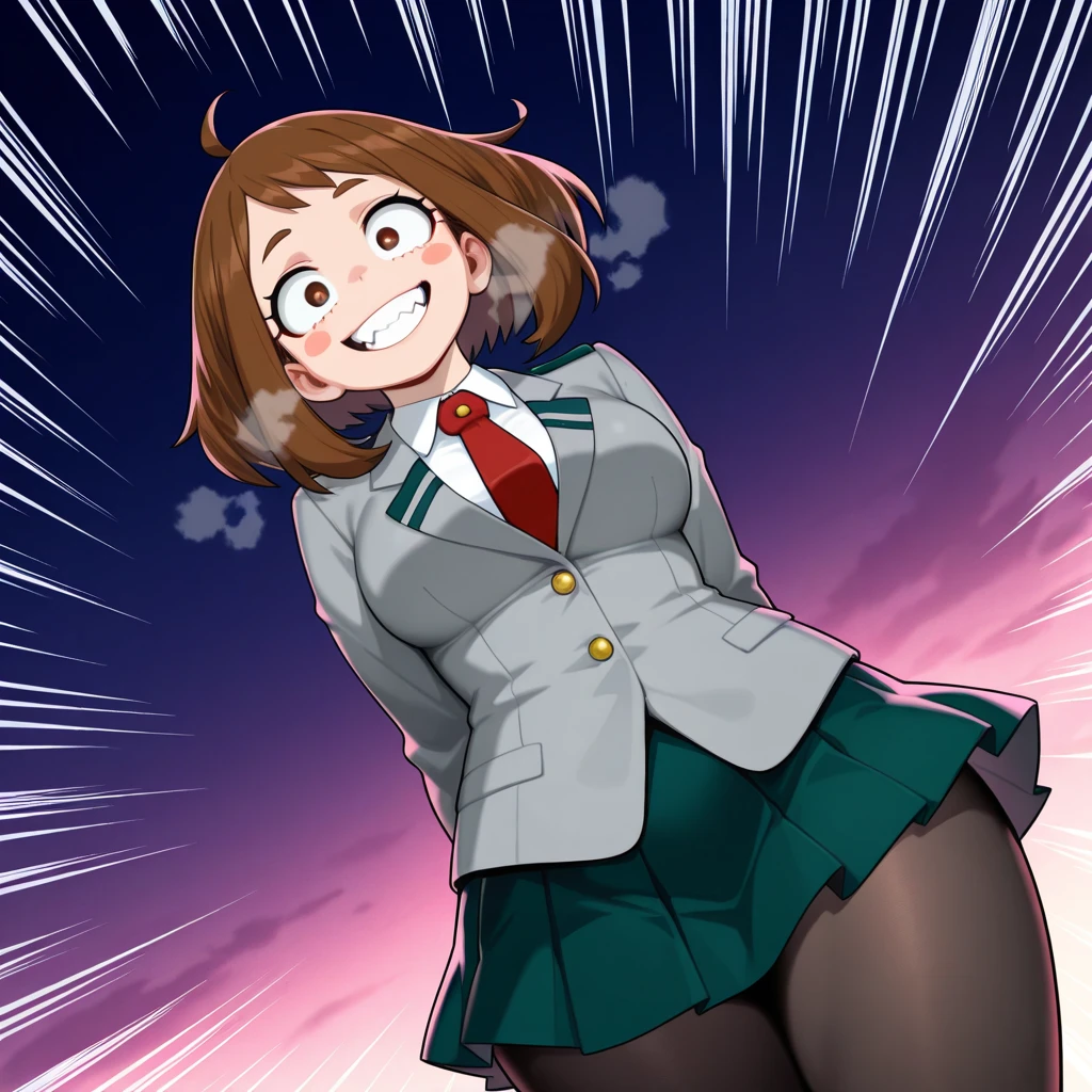 uraraka_ochako boku no hero academia 1girl, solo,pov,thick_eyebrows blush_stickers, brown_hair, brown_eyes, short_hair, sideburns, medium breasts skindantation smile :D blush u.a._school_uniform, grey_jacket long_sleeves, white_shirt red_necktie, mos green pleated_skirt, (vaginal sex:1.3),pussy,