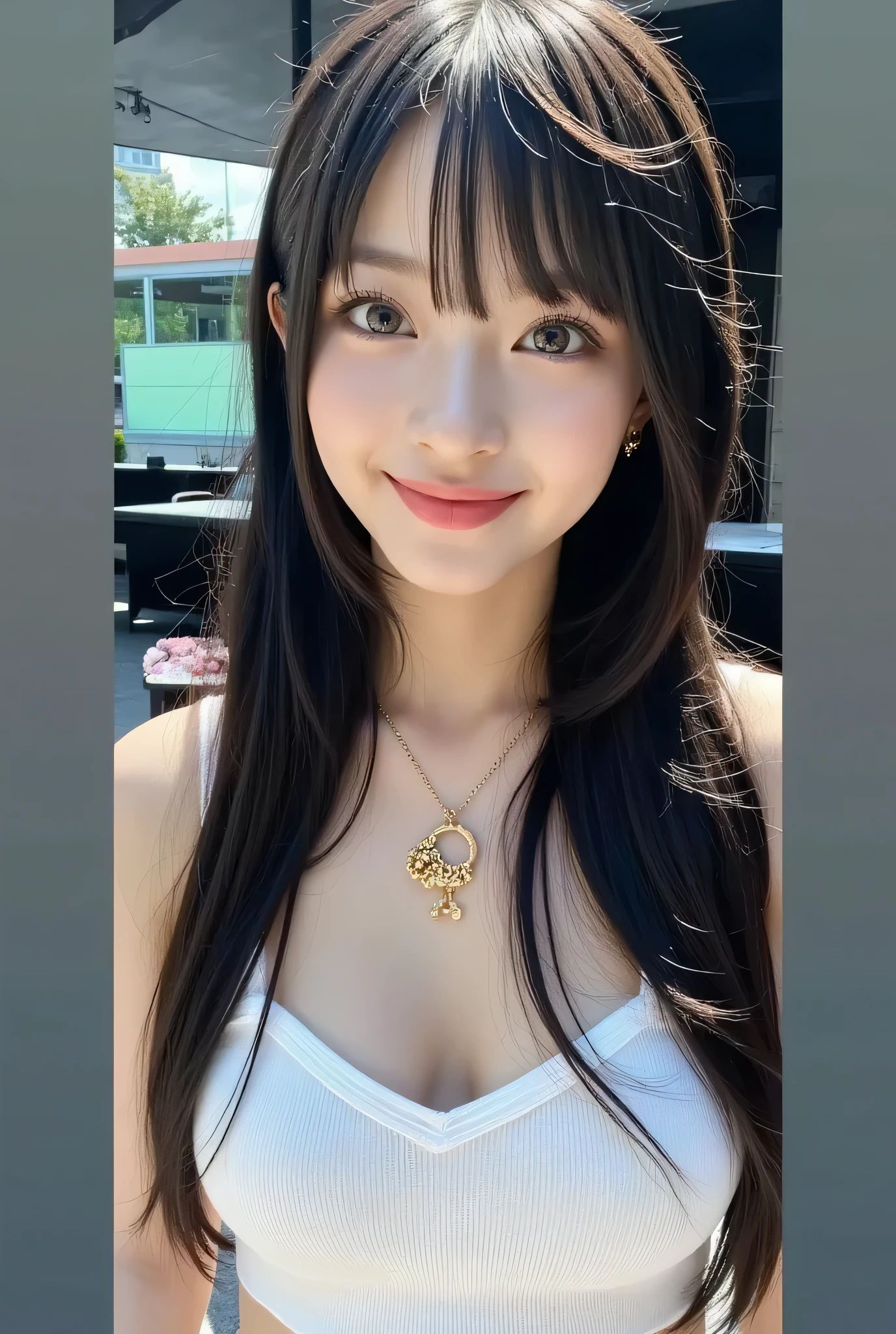 {{}},{High precision in selection},{{{{chestの上の顔の写真}}}},{{one high school girl :Smile Yan:chest:Nipples}}、{Smile:big double eyelids:mascara: teardrop bags:long lashes:1.8}}、{{透けて見える白いタンクトップ-Nipples:1.8}},{straight hair::Princess Cut:ponytail:1.8}