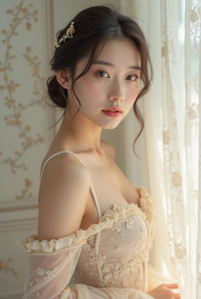 (((best quality))), (((ultra detailed))), (((masterpiece))), illustration,((a beautiful girl,solo)),(medium bob:1.2),((slim,thin)),((small breasts,flat chest)),(torn tattered short-sleeved lace nightgown:1.3), (delicate skin:1.2), ,(in dark dilapidated bedroom:1.3),(rundown hotel:1.3),((faded walls, peeling paint, dusty carpet)),(sitting on the rbed:1.3),((window, city view, weak lights)),(majestic Eiffel Tower:1.3),(smile:1.2), tranquility, rough surroundings, edgy beauty,detailed eyes, hidden fire, soul,(summer:1.2),(night scene:1.3),((from front,upper body))