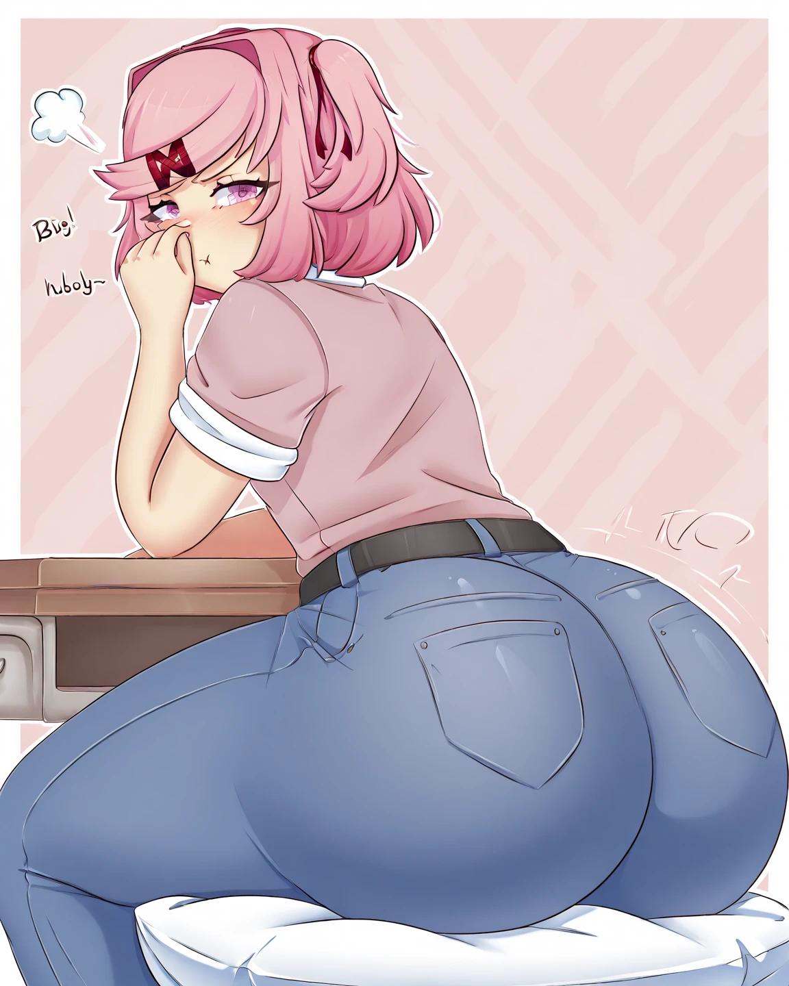 (Morbidly obese:1.0)Back turned, looking back at viewer,cute butt, sad, bedroom, bed, Full body, looking at viewer, 1girl, solo, short pink hair, (purple eyes), tongue out, horny, blushing, bending over, vagina, naked, nsfw