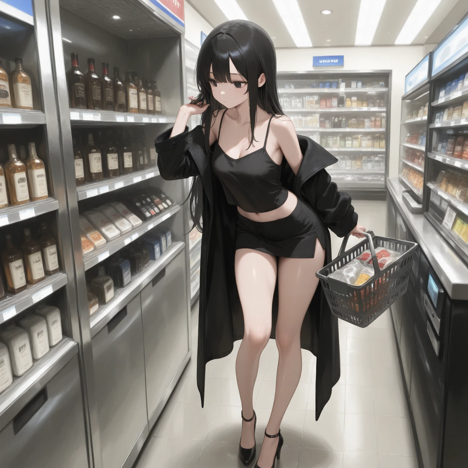 1 woman, Kayoko , Short black and white hair , red eyes , sly face , black bikini , abdomen , Long legs , hands on hips... , canvas shoes , convenience store