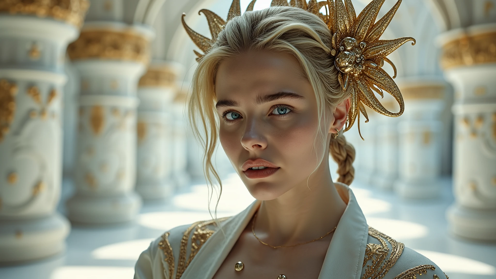 In a breathtaking celestial palace, a futuristic goddess stands as the focal point of the composition, inspired by the intricate styles of Aaron Horkey and Serge Marshennikov. Her flawless porcelain skin glows softly under the gentle embrace of diffused lighting, accented by golden rim lights that highlight the ornate biomechanical headpieces adorning her head. Flowing embroidered robes, adorned with metallic filigree, cascade elegantly around her figure, while intricate jewelry sparkles with ethereal radiance. The shallow depth of field enhances the surreal atmosphere, drawing the viewer's eye to her serene expression and captivating blue eyes, framed by braided blonde-white hair. The composition adheres to the rule of thirds, creating a harmonious balance that emphasizes her majestic presence within the highly detailed, hyper-realistic setting, evoking a sense of elegance and tranquility.