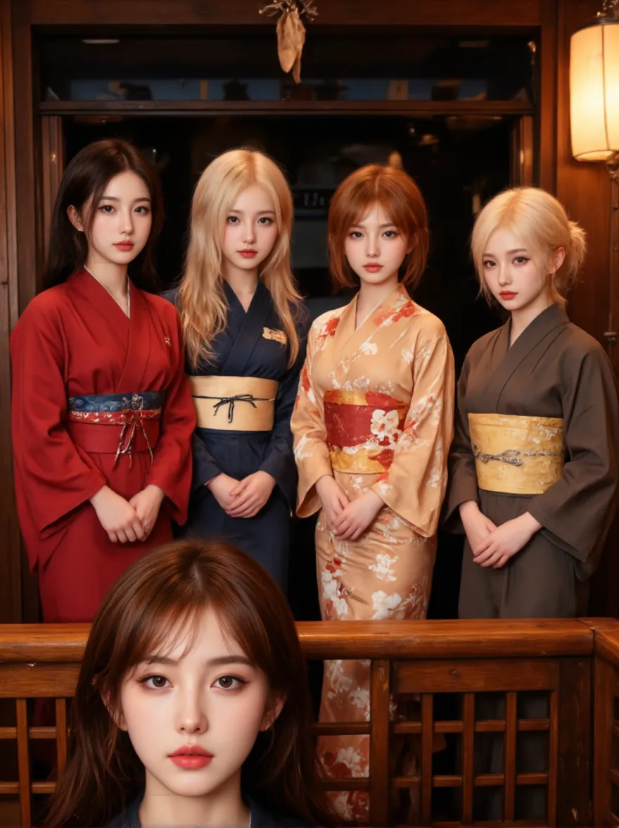 old photo from 1945 of (german woman, age 25, green eyes detailed wavy blonde hair with ponytail , heartthrob style, Grinning, wearing a burnt kimono, torn and crooked), beside (1womanl, japanese,18-years old, blue eyes, black hair, wearing a crooked kimono with floral holes) in shipping to a tea shop black and white photo yellowing of time