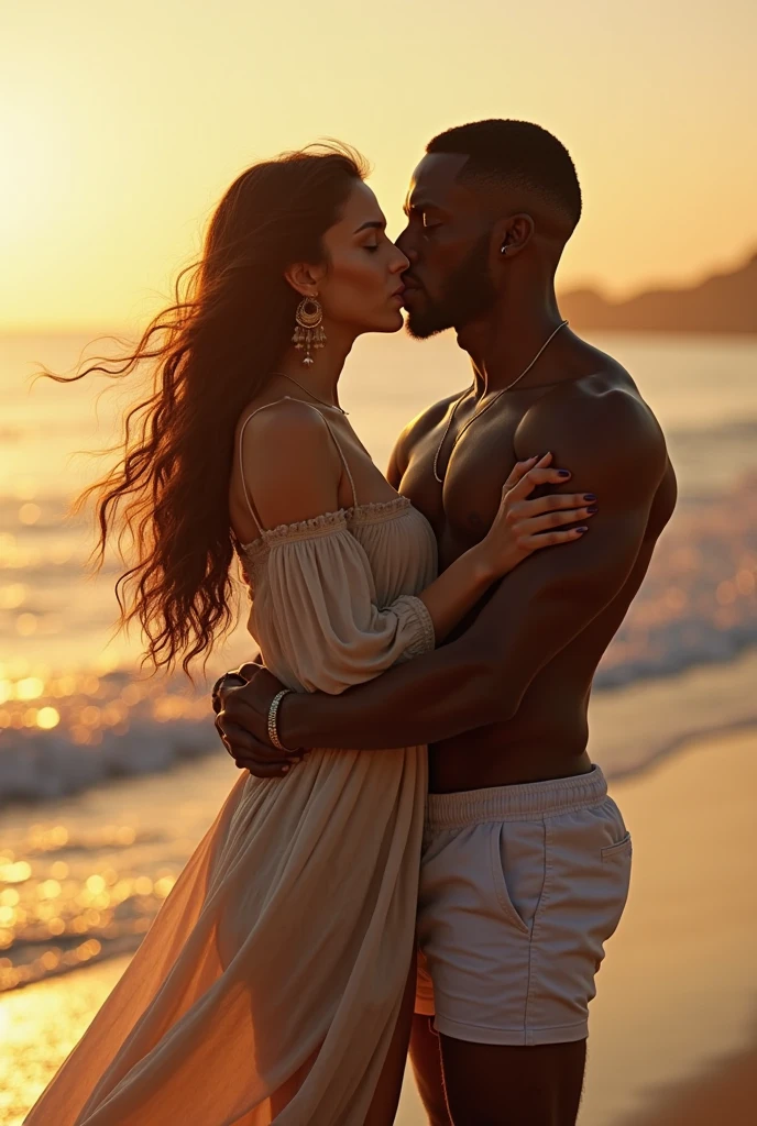 generate an action scene where a couple of lovers (a handsome black man and a Latin woman with dark chocolate skin) are on a boardwalk facing the sea, warm colors, be creative and achieve a book cover image