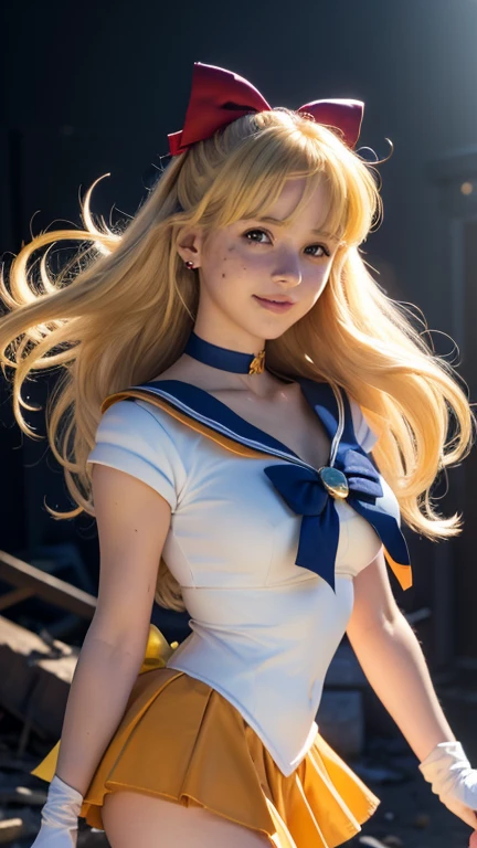 masterpiece, Highest quality, High resolution, Venus 1, One girl, alone, Sailor Warrior Uniform, Sailor Venus, aino minako, Blonde, Magical girl, blue eyes, Orange Skirt, Elbow hand pockets, tiara, Pleated skirt, Hair Ribbon, Orange sailor collar, mini skirt, choker, Red Bow, orange choker, White gloves, Very long hair,  jewelry,  Earrings, Cowboy Shot, smile,,More detailed 8K.Unreal Engine:1.4,超High resolution,La Highest quality:1.4, Realistic:1.4, Skin Texture:1.4, masterpiece:1.8,first work, Highest quality,Object Object], (Detailed facial features:1.3),(Fine hand:1.4),(Apocalyptic destroyed cityscape:1.4)