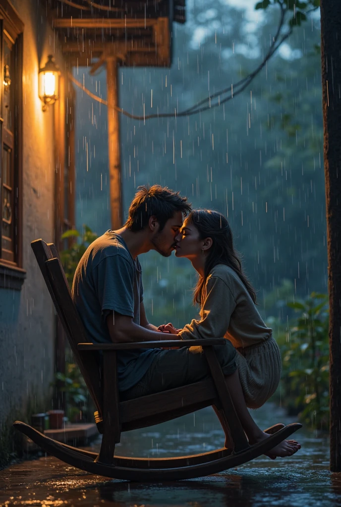 Couple in balcony, in rainy night, village on, sitting on one chair, wife in dock of husband