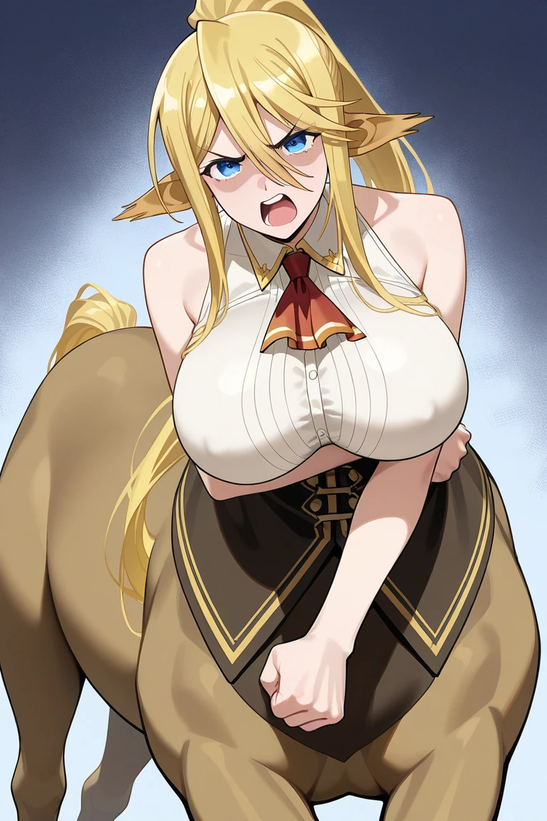 best quality, masterpiece, (absurdres), 1girl, solo, looking at viewer, smile, centaur, taur, centorea shianus, (brown fur:1.1), huge breasts, ascot, blonde hair, blue eyes (black skirt:1.3), white shirt, sleeveless