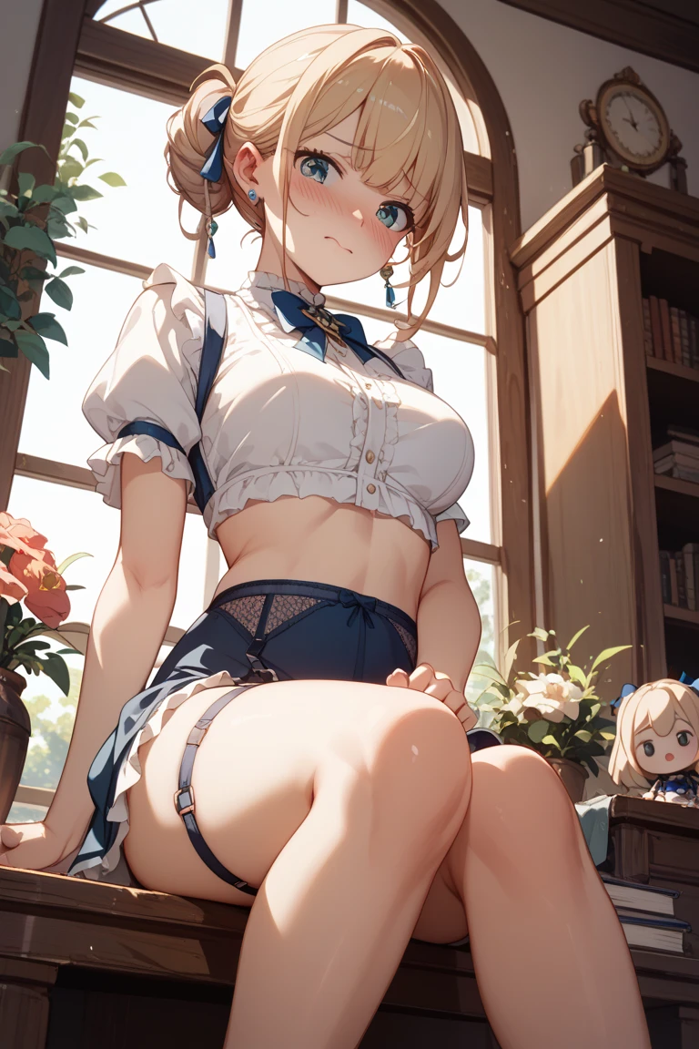 (masterpiece, Highest quality), (((Perfect Anatomy, Anatomically correct))), ((1 Girl)), short hair, Blunt bangs, Light brown hair, happiness, Green Eyes, hair ornaments, School_uniform, short_Dispel, just_feet, blue sky, window, Front view, Insights,The body is slim, Compresses on the chest, ((Beige cardigan,Green pleated skirt、Blue Neck Ribbon、White knee-high socks)),Pastel colored pantiesが見えている、((Pastel colored panties))、((Shiny panties))、((Normal location:1.4))、(((Straddle))),((feetを開いて座らされた…))、((orgasm:1.6)),((((M-shaped legs:1.1))),((Lift up your shirt:1.5)),((Showing off your bra)),(((Lace bra))),Award-winning bra designs、Random Color Bra、((((M-shaped legs:1.1)))、((orgasm:1.3)),((((M-shaped legs:1.1))),(((Sex with a man))),(Vagina Penis),Erotic atmosphere,Stupid,shortness of breath:1.6,((Pussy juice:1.3))