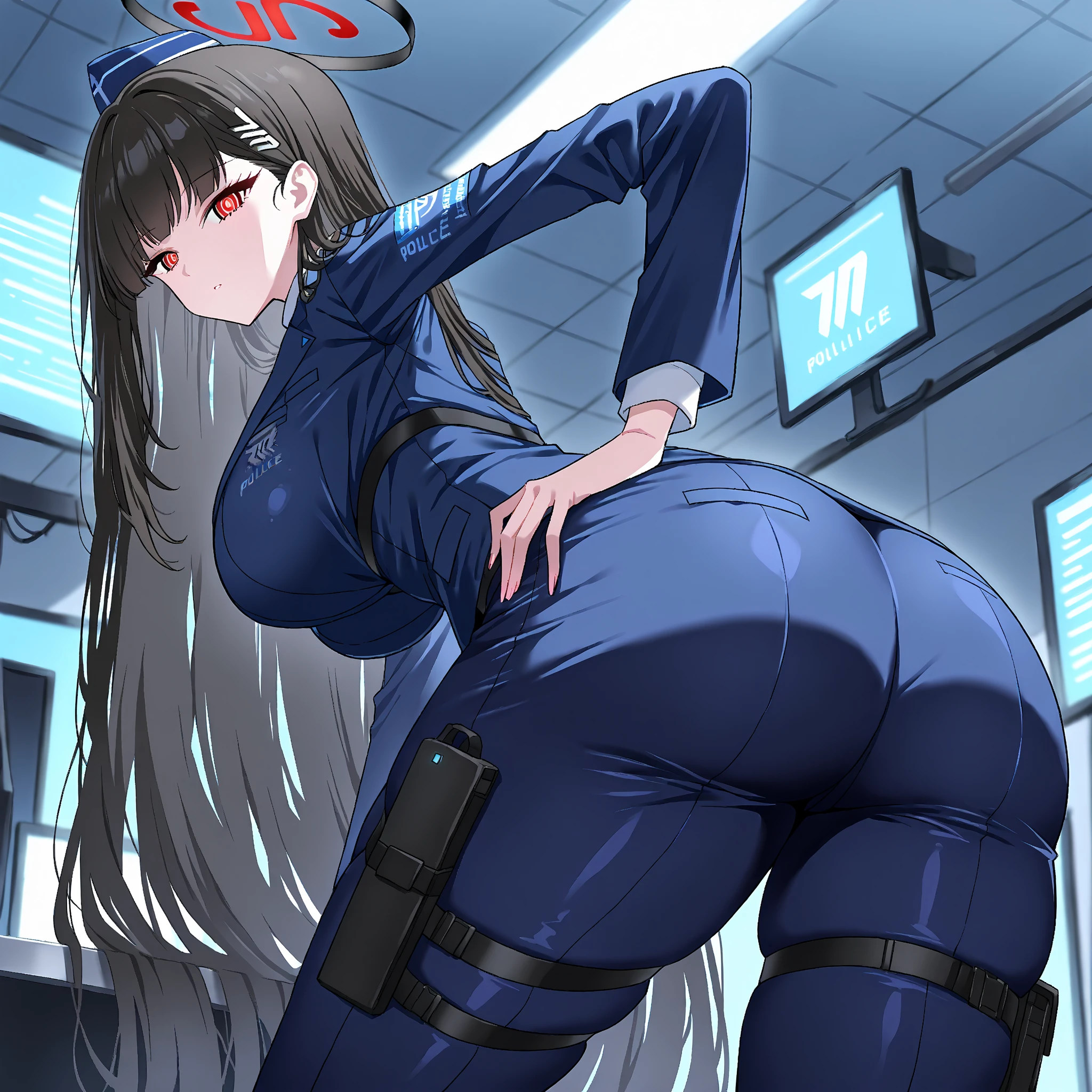 woman,25 years old,,city,night,(((white and blue tight miniskirt bodysuit))),,open mouth smile(())(glasses),((beautiful long ponytail)),(()),blush、surprised face,((())),((turn around and look back))wet with sweat