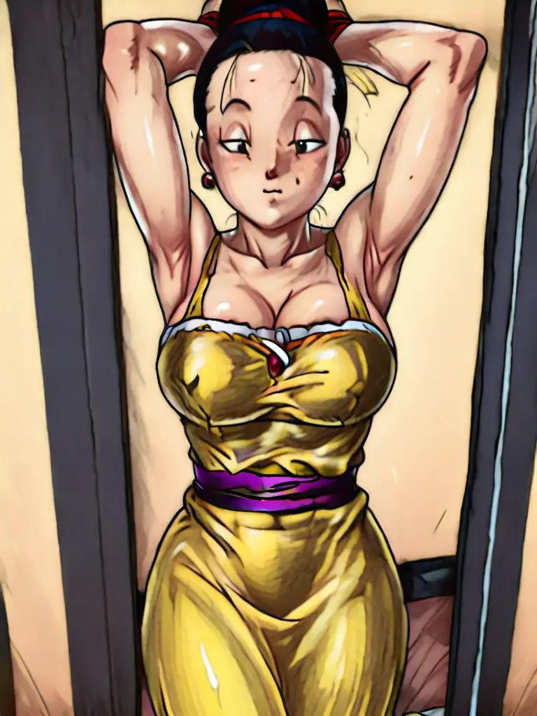 character (Chichi) Her black hair is put in a Japanese bun with a kanzaki. He has a display case cleaner in his hand., yellow dress purple belt , nice shaped breasts that fit her dress, Her legs are somewhat visible through her dress, a lot of sweat on his forehead from cleaning, stage in a room of a house , Japanese traits , Her face is that of a beautiful Japanese woman smiling a lot with drops of sweat on her face