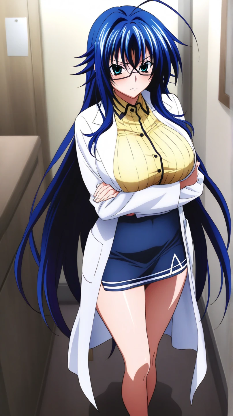 masterpiece, best quality, NJAkiV4, 1girl, solo, long hair, looking at viewer, smile, slight smile, skirt, cleavage, jewelry, indoors, miniskirt, necklace, labcoat, sexy pose