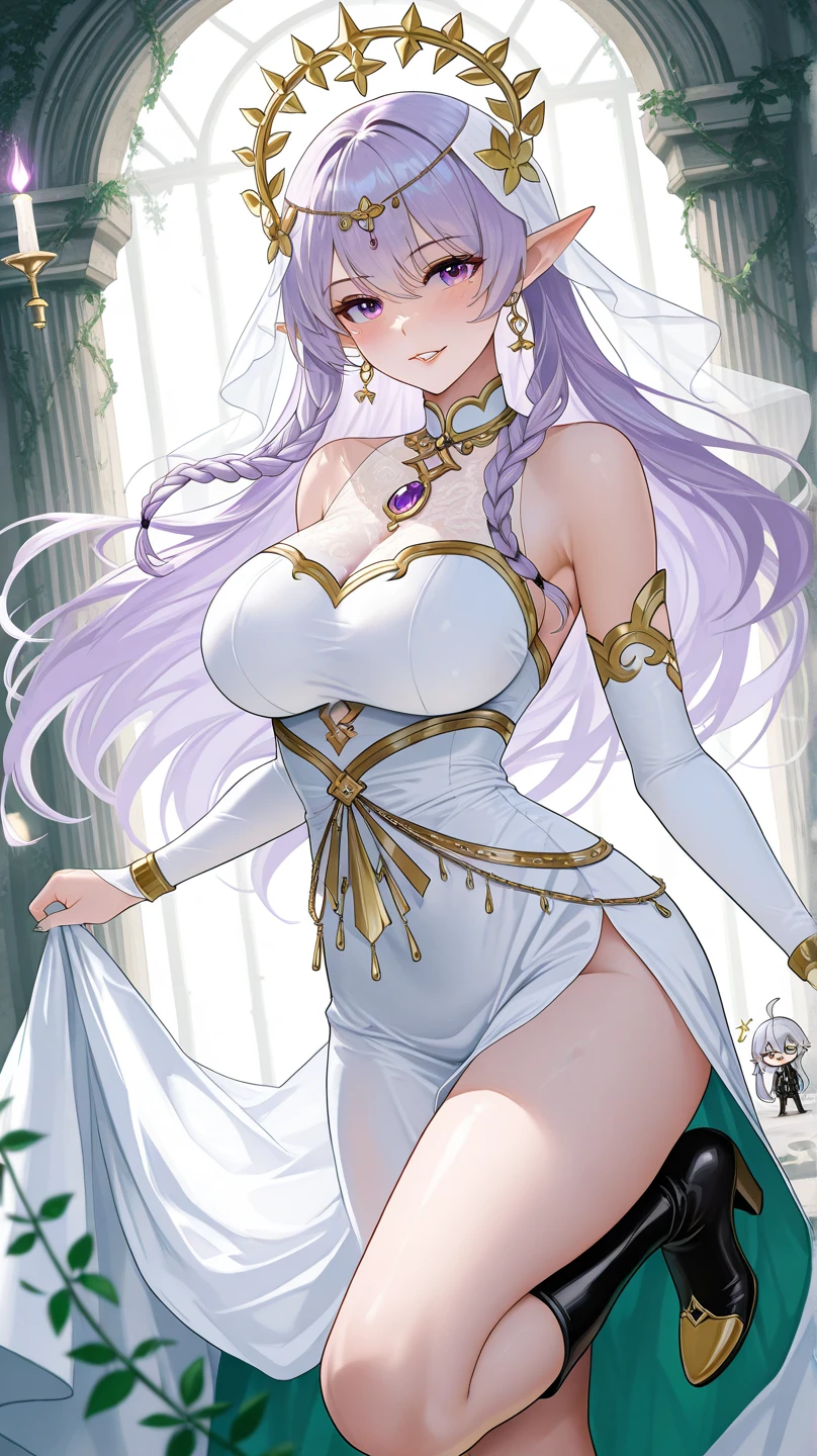 brelshaza_tpa, 1girl, horn ornament, white dress, arms under breasts, floral print, sunny, breasts, park, trees, beautiful lighting, highly detailed, absurdres, masterpiece, <lora:Brelshaza Kangaxx:0.6>