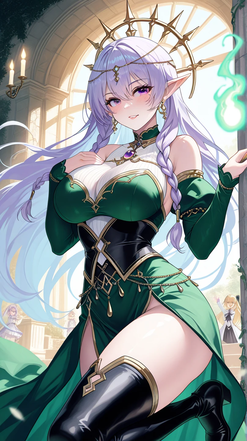 ((highest quality)),High resolution,Sharp focus,(Super detailed,Very detailed),Large library,The library was lit by candles,The floor is full of books piled up, 
In the background is a large round window depicting a galaxy with constellations.,
(Very detailed CG unity 8k wallpaper),(((Vibrant colors))),Anime Style,
Natural skin texture 鮮明な詳細, (Realistic eyes, Natural skin texture, Realistic facial details),
1 girl, Beautiful and elaborate face, Perfect Eyes,((Silver Hair)),Long Hair,Echidna, Deep purple eyes, 
Butterfly Hair Ornament, (Colored eyelashes:1.1), eye shadow,Red pink lips,Big and ample breasts,Camel Toe 
(Flying debris, 超High resolution),(((Black and Green Theme))),Wear an iridescent aura,
Invisible Light, Amazing shine, Neon green glow, The colors of another world,urination,
Bright colors, Ghostly Effects,nsfw,View from below,squatting, Spread your thighs wide (Anatomically correct),Drooping water droplets, wet skin,Drunk look,completely nude, bitch, 
 ass grab, pussy juice,