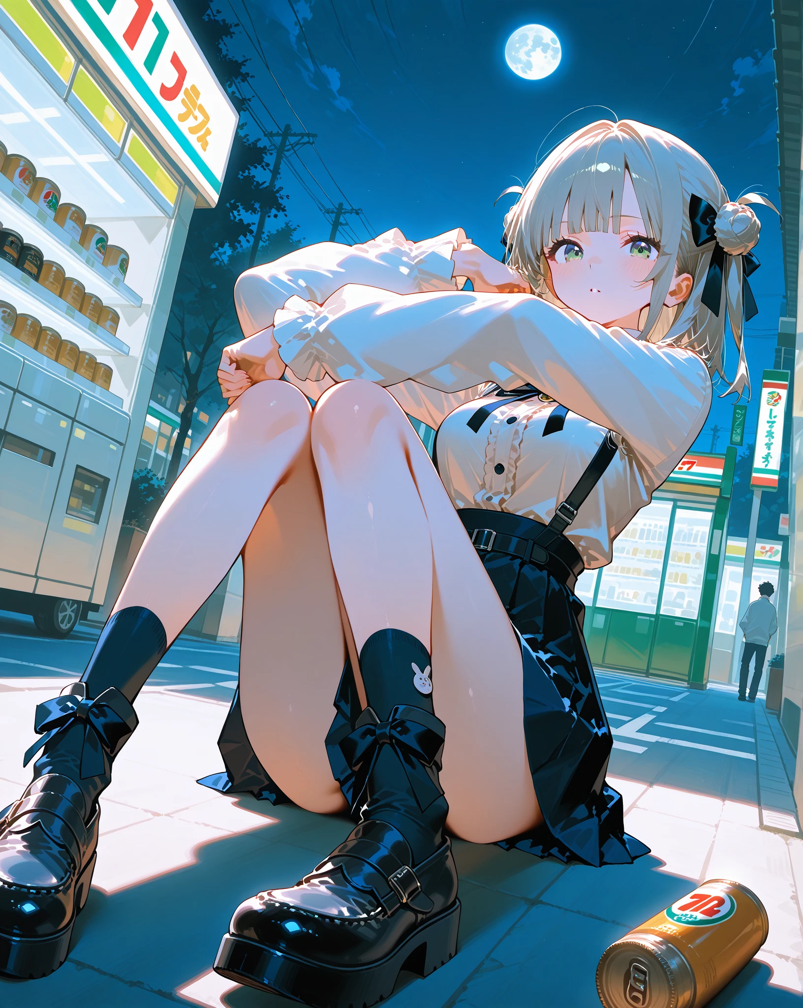 girl in a with twin tails, blonde hair, midnight park,collar,(((NSFW))),(leaking pee), public indecency